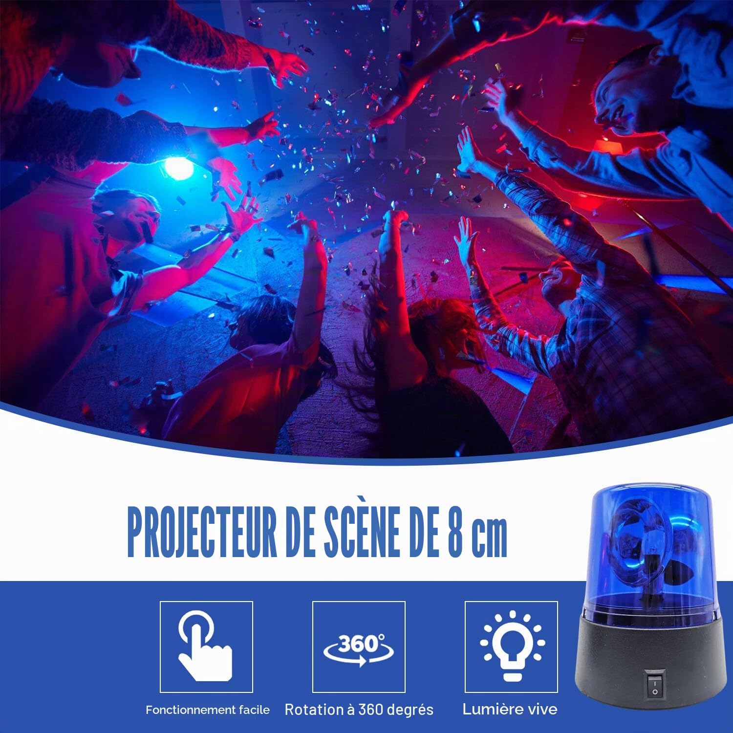 Lumière bleue LED: 2 lampes de fête au design lumière bleue, gyrophare avec réflecteur rotatif, flash DJ à 360°, fonctionnement sur piles, éclairage de fête DJ, décoration pour club