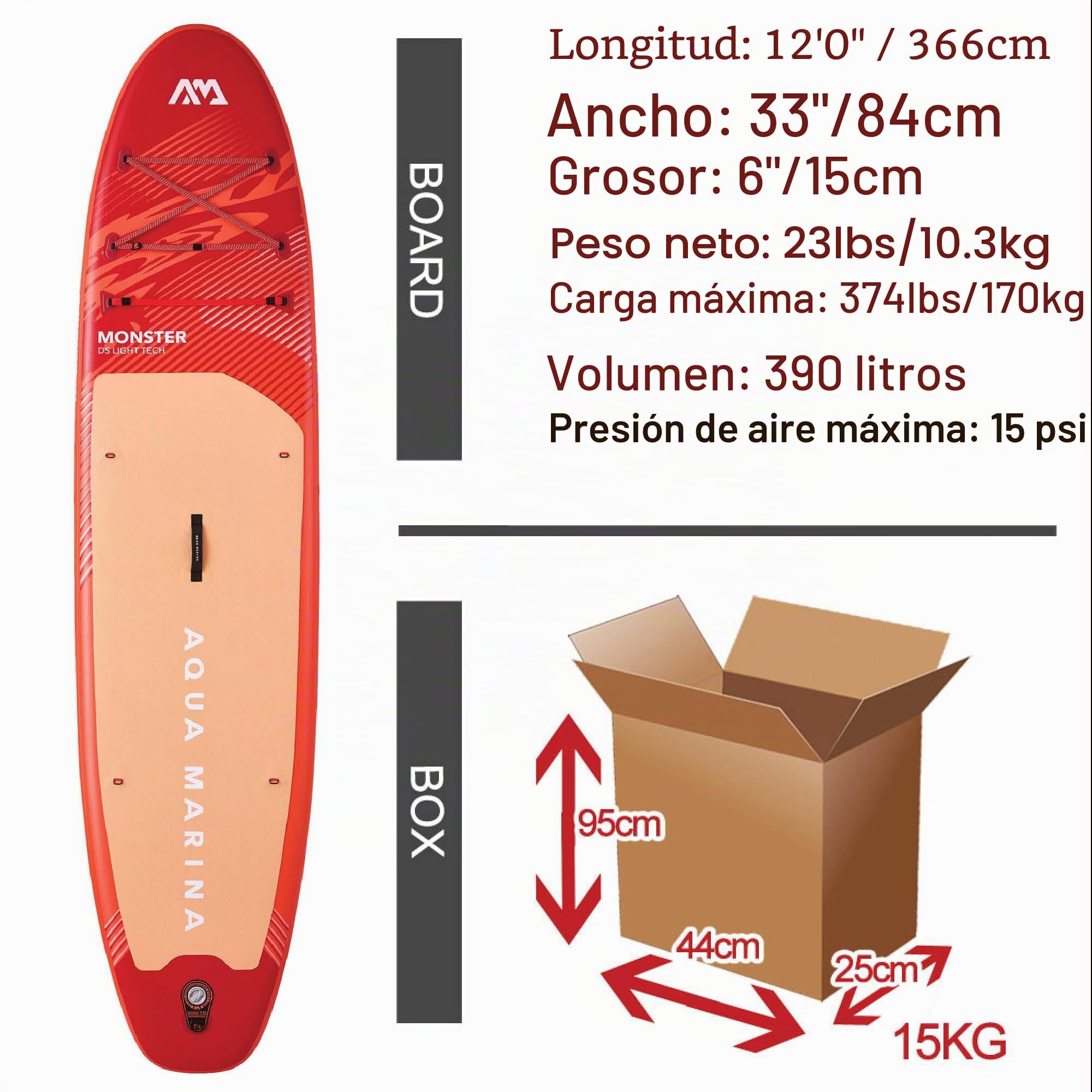 Aqua Marina Monster - Paquete de Tabla de Remo Inflable de 12 pies 0 Pulgadas