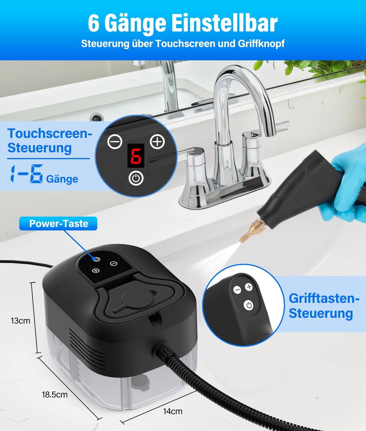 PAHTTO Handdampfreiniger Dampfreiniger Handgerät, 2500W Hochtemperatur-Dampfreiniger, 1200ml transparenter Wassertank, 15s Aufheizzeit, 6-Stufen-Temperaturregelung, für Haushalt, Küche, Bad, Auto