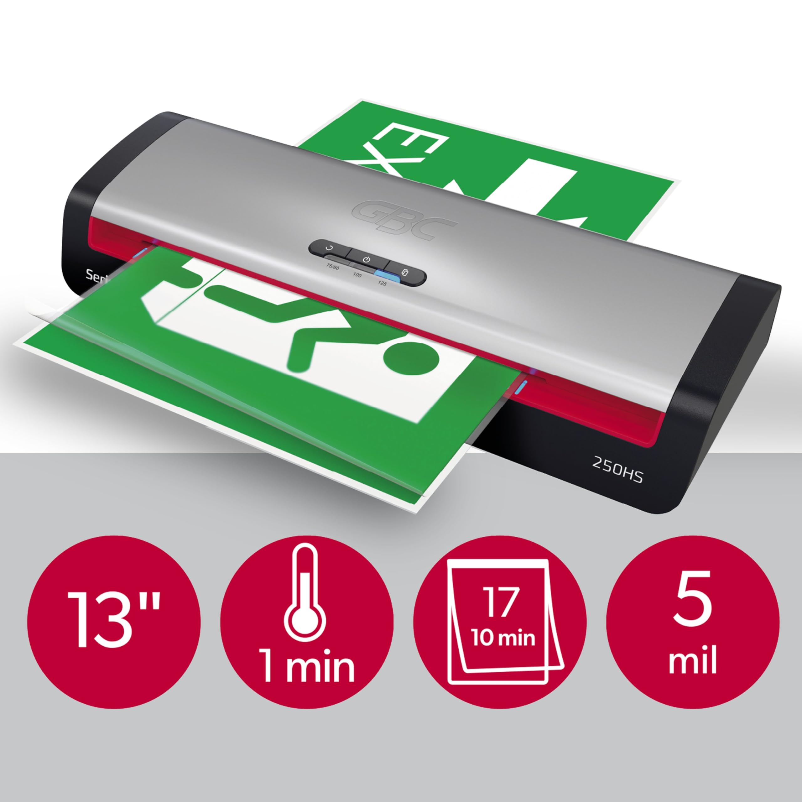 GBC Plastificatrice, guida d'ingresso LED intelligente, sistema di intasamento, ingresso largo 33 cm, pellicola di plastificazione inclusa (250 HS)