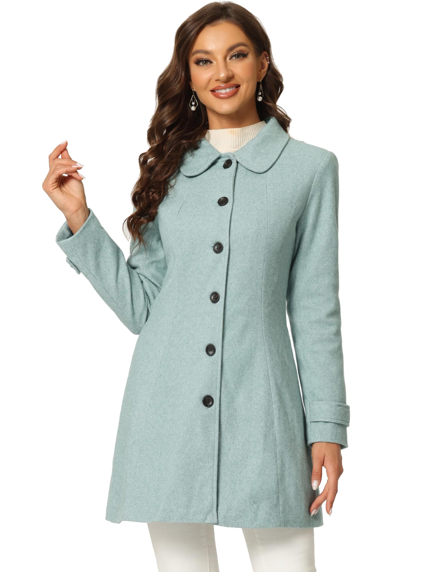 Allegra KWomen's Peter Pan Collar Single Breasted Overcoat Winter Long Coat
