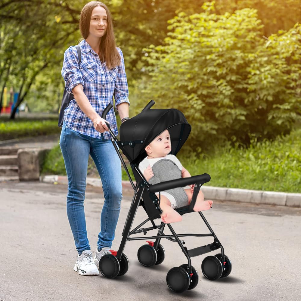 OHMG Kompakter Buggy,Baby Sportwagen,Kinderwagen,ab Geburt bis 4 Jahre Bis zu 25 kg,Leichtes Kinderwagen-Buggy,faltbar und kompakt,mit Baumwollmatte + Moskitonetz (D-Schwarz)