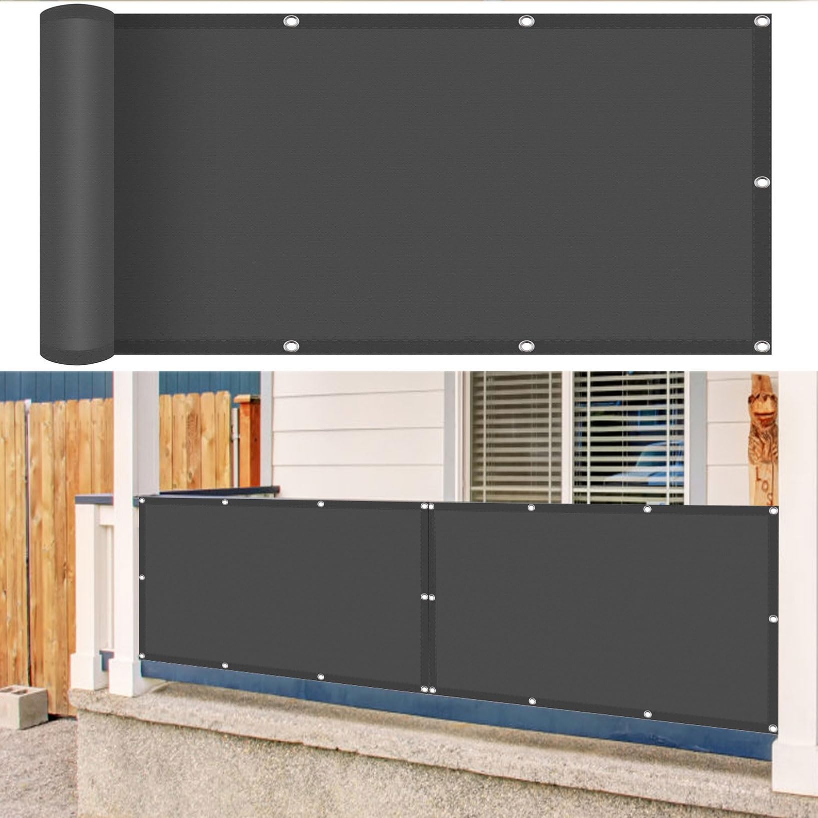 Balcony Privacy Screen Waterproof 140 x 340 cm 90% Shading Rate Uv-Resistant Patio Privacy Protective Screens with Holes and Cable Ties for Deck, Backyard, Patio, Balcony, Dark Grey