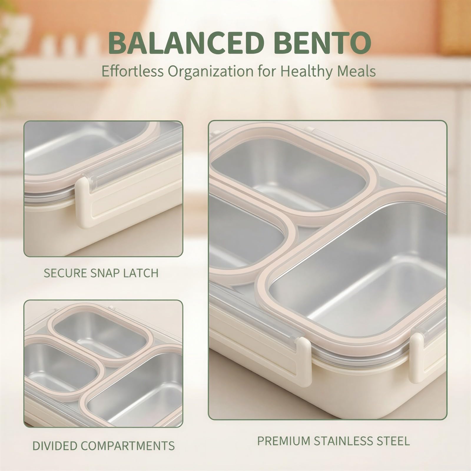 Lunchbox aus 201 Edelstahl in Beige, 3-Fach, auslaufsicherer Food-Container mit PP-Schale und Schnappverschlussdeckel, geeignet für Arbeit, Büro, Meal Prep und unterwegs, ideal für den Alltag
