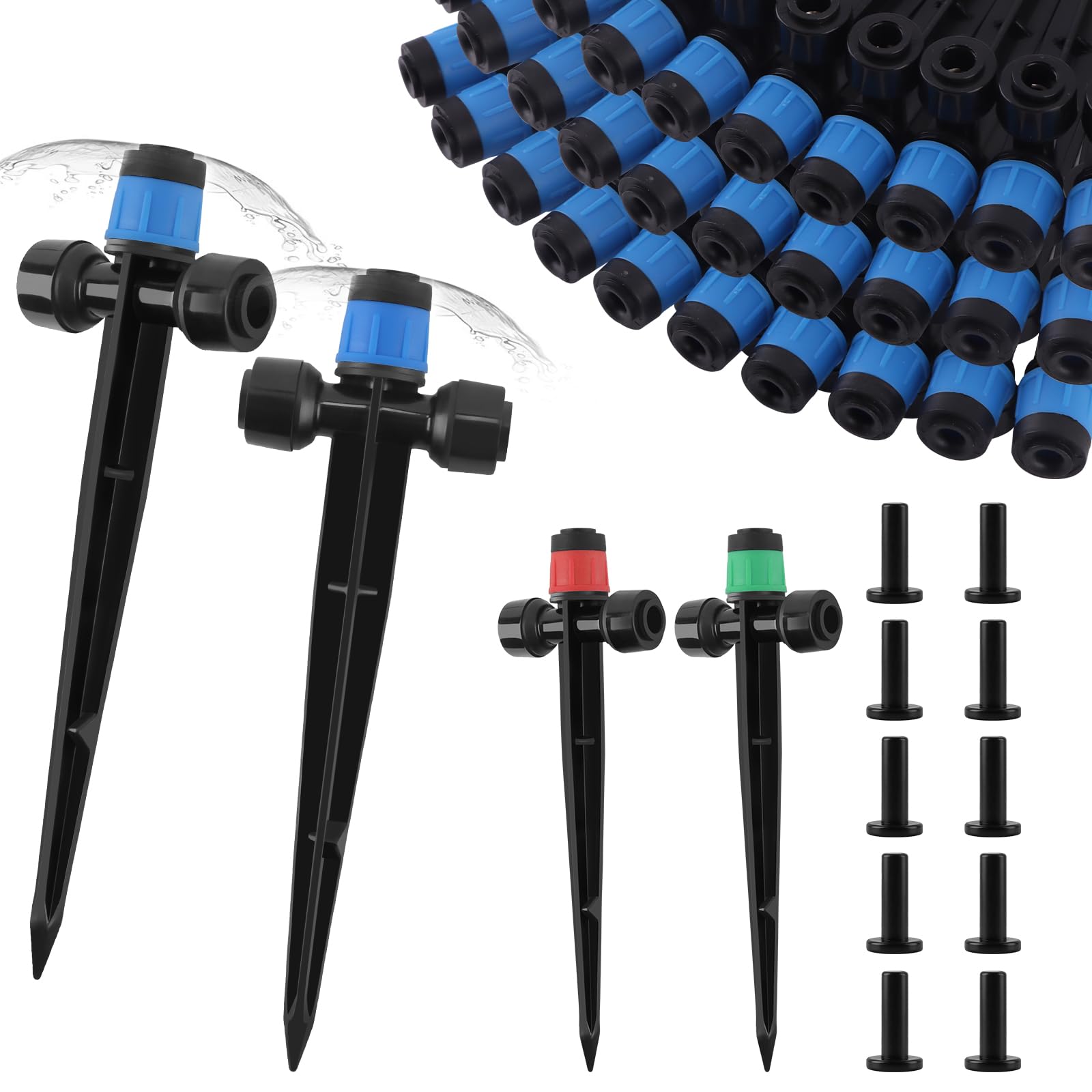 Kalolary 30 Pcs Drip Irrigation Emitters with 10 End Plugs, Push-to-Fit Quick Connect Drippers for 1/4 Inch Irrigation Tubing, 360° Adjustable Flow Garden Watering System (Vortex Blue)