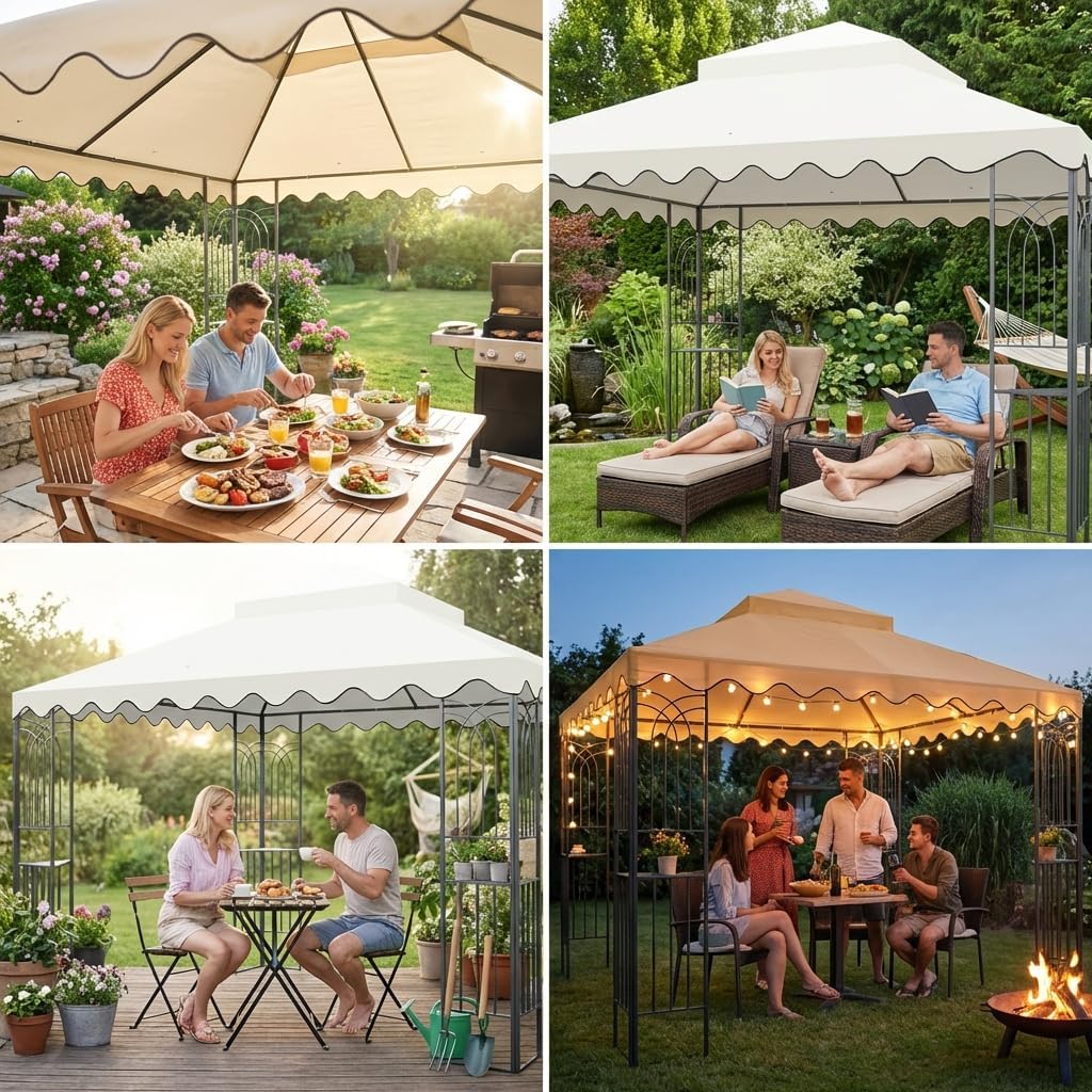 10X10 Ft Outdoor Gazebo Outdoor Patio Gazebo Replacement Canopy, Double Tiered Gazebo Tent Roof Top Cover Only with Wavy Border, Outdoor pergola for Outdoor Gazebo Gazebo 10x10 Enc(Frame Not Include)