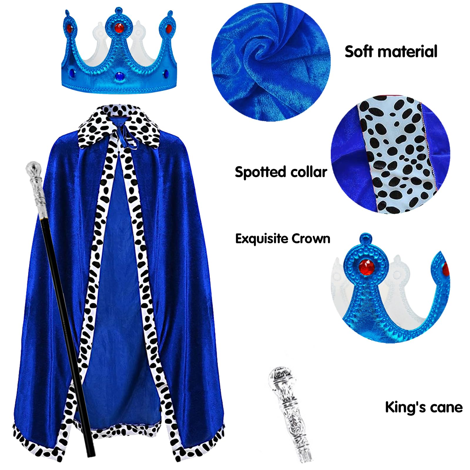 YOUYIKE 3 Pezzi Costume Da Re Per Adulti, Mantello Reale Costume, Mantello Del Re con Corona e scettro, per Carnevale Halloween Natale Festa Festa a 130cm