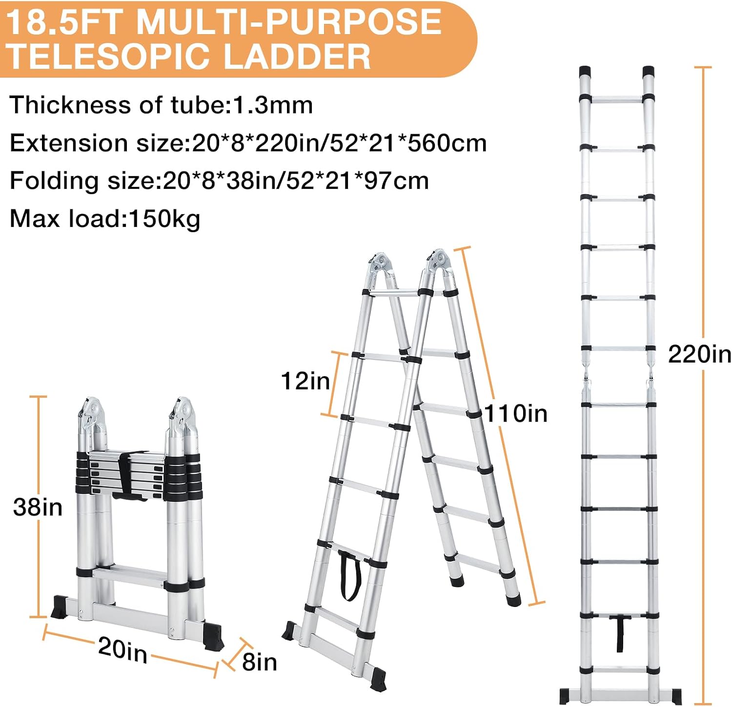 18.5 ft Aluminium Telescoping Ladder, Multi-Use a-Frame Collapsible Ladder with Non-Slip Feet and Stabilizers, Portable & Lightweight, Ideal for Household, Outdoor Working and Garden Use