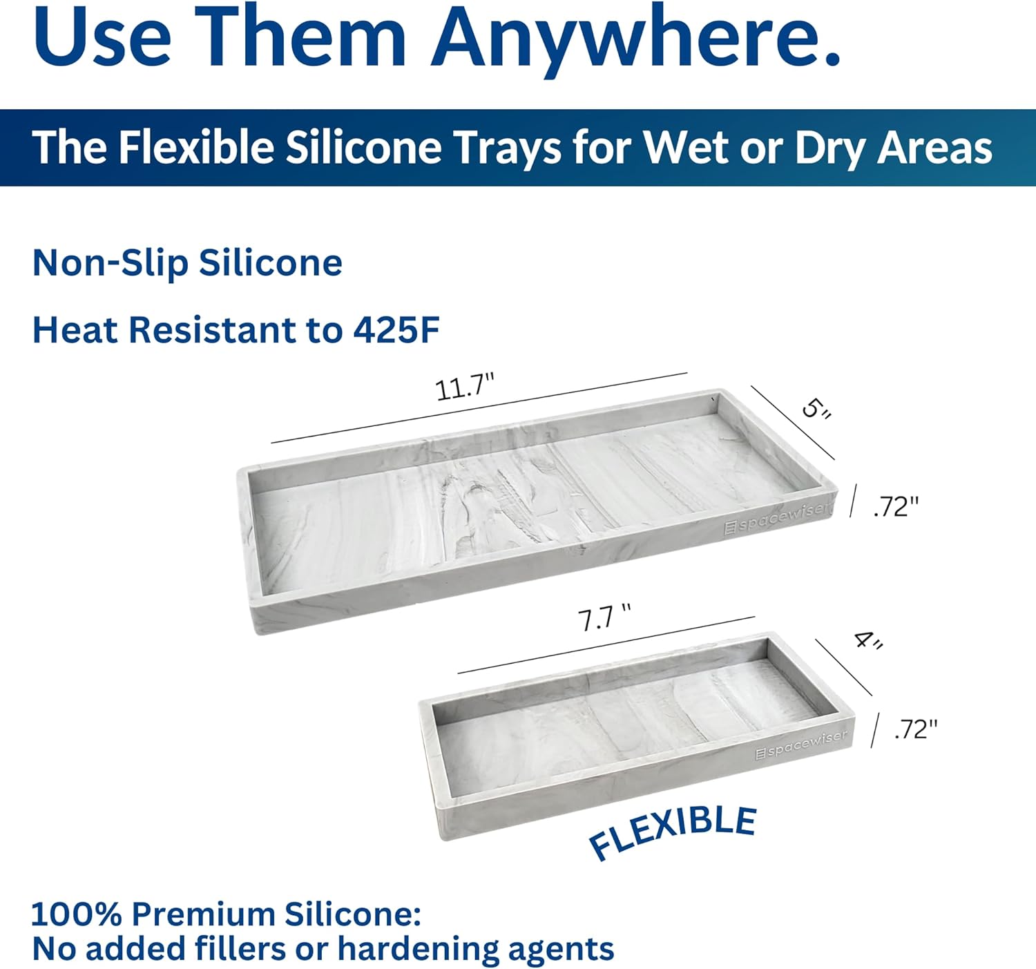 Spacewiser Countertop and Vanity Tray - 2 PC (11” and 7”) Shatterproof Silicone Kitchen and Bathroom Trays for Counter, Kitchen Soap Dispenser Tray, Vanity Trays for Bathroom, Perfume Key Tray