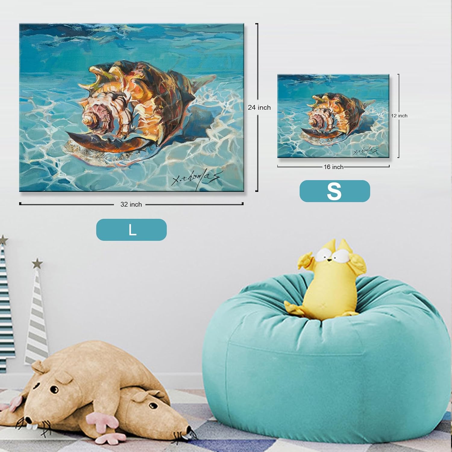 JZLDZS Blue Ocean Beach Bathroom Wall Art Seashell Canvas Print Framed Conch Painting Artwork Coastal Picture Wall Decor for Living Room Bedroom, 12x16 Inch