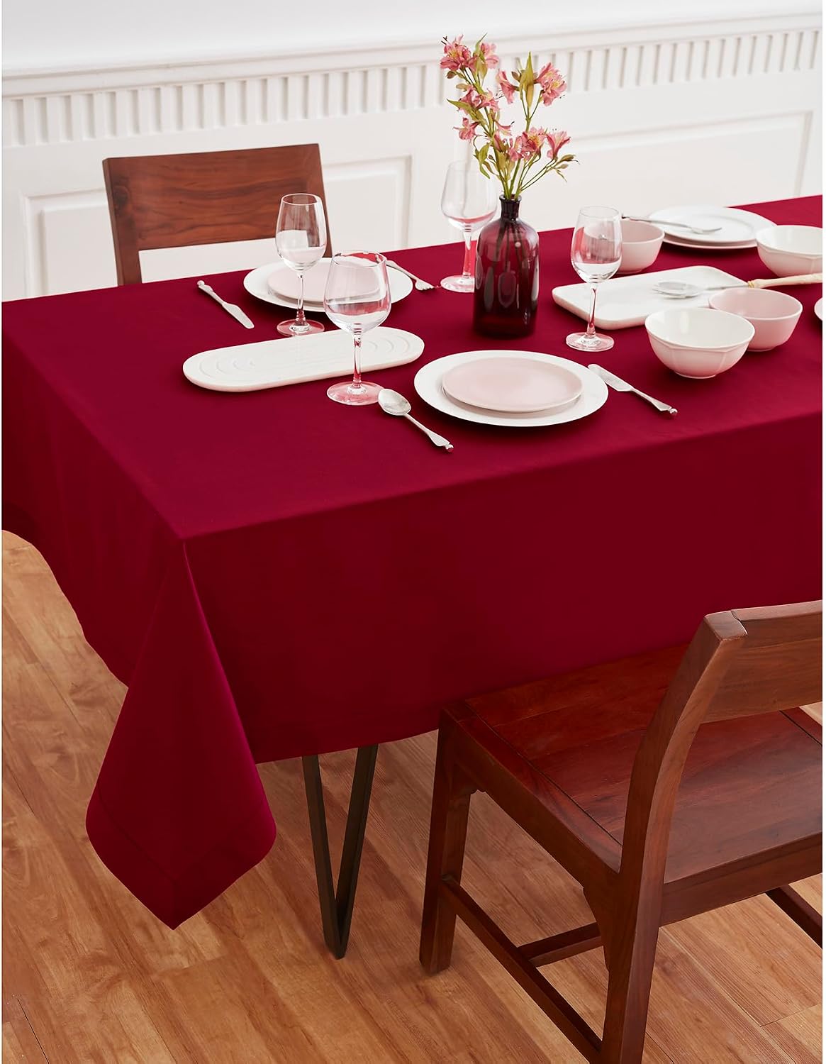 Solino Home Red Rectangle Tablecloth 54 x 72 Inch - Dru Cotton Linen Table Cloth, Machine Washable, Soft Durable Fabric Tablecloths for Dining, Spring Summer Decor, Memorial Day