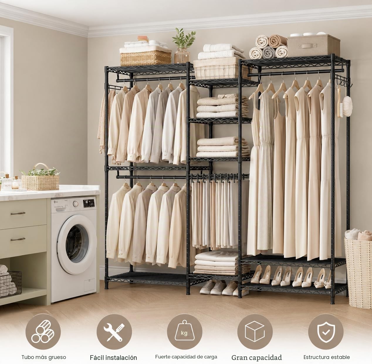 Burro de Ropa Ajustable con Estantes y Barras para Ropa | Capacidad de carga de 435 kg, Con Ganchos, Negro, 187 × 44 × 193 cm