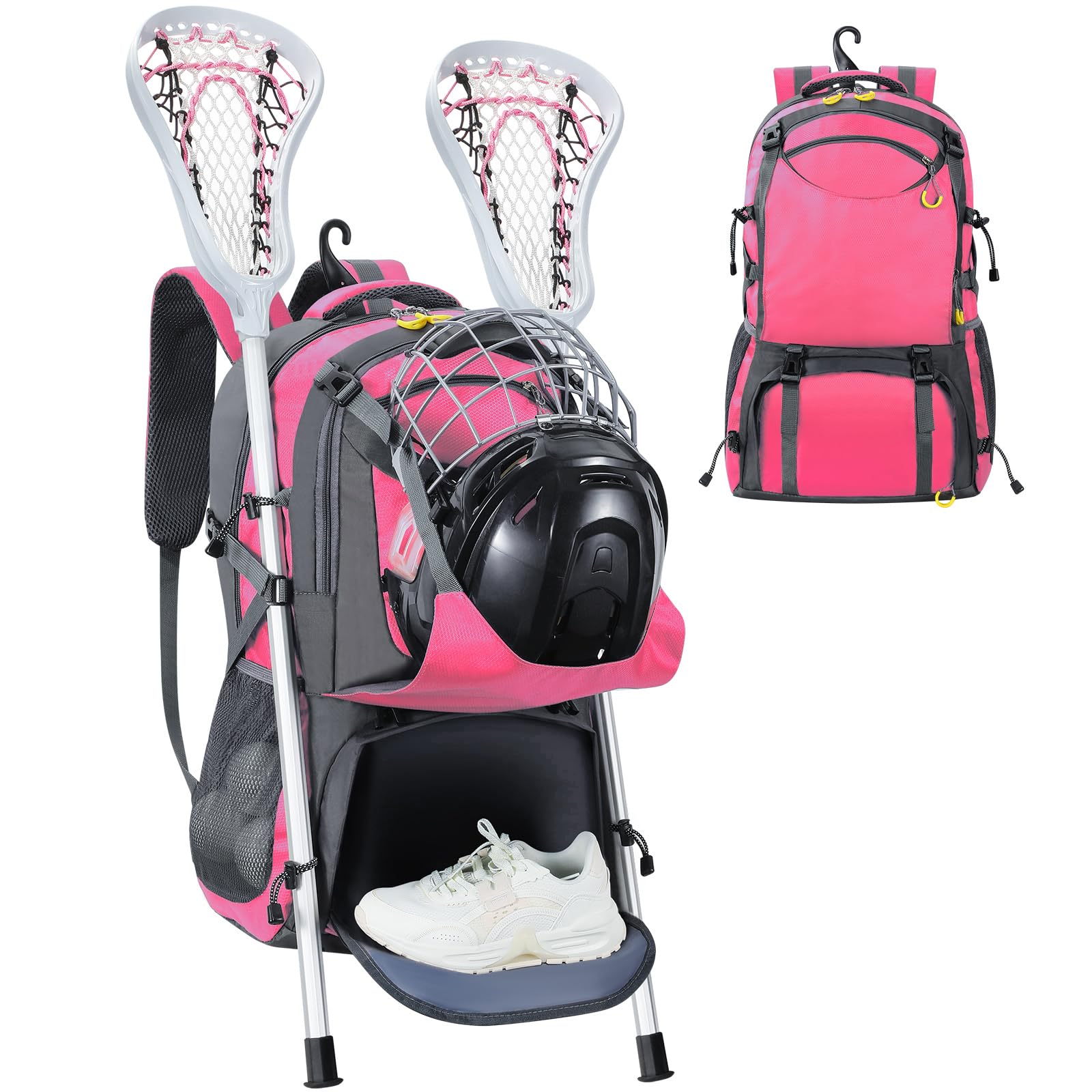 Lacrosse Bag with Large Capacity, Lacrosse Backpack Bag for All Lacrosse or Field Hockey Equipment, Lacrosser Equipment Bag with Separate Shoe compartment & 2 Stick Holders (Pink)