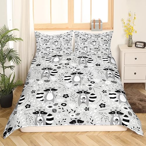 Miniatura 2 de Erosebridal Juego de funda de edredón de mapache tamaño Queen, diseño de animales de dibujos animados, flores botánicas, bosque, funda de edredón de