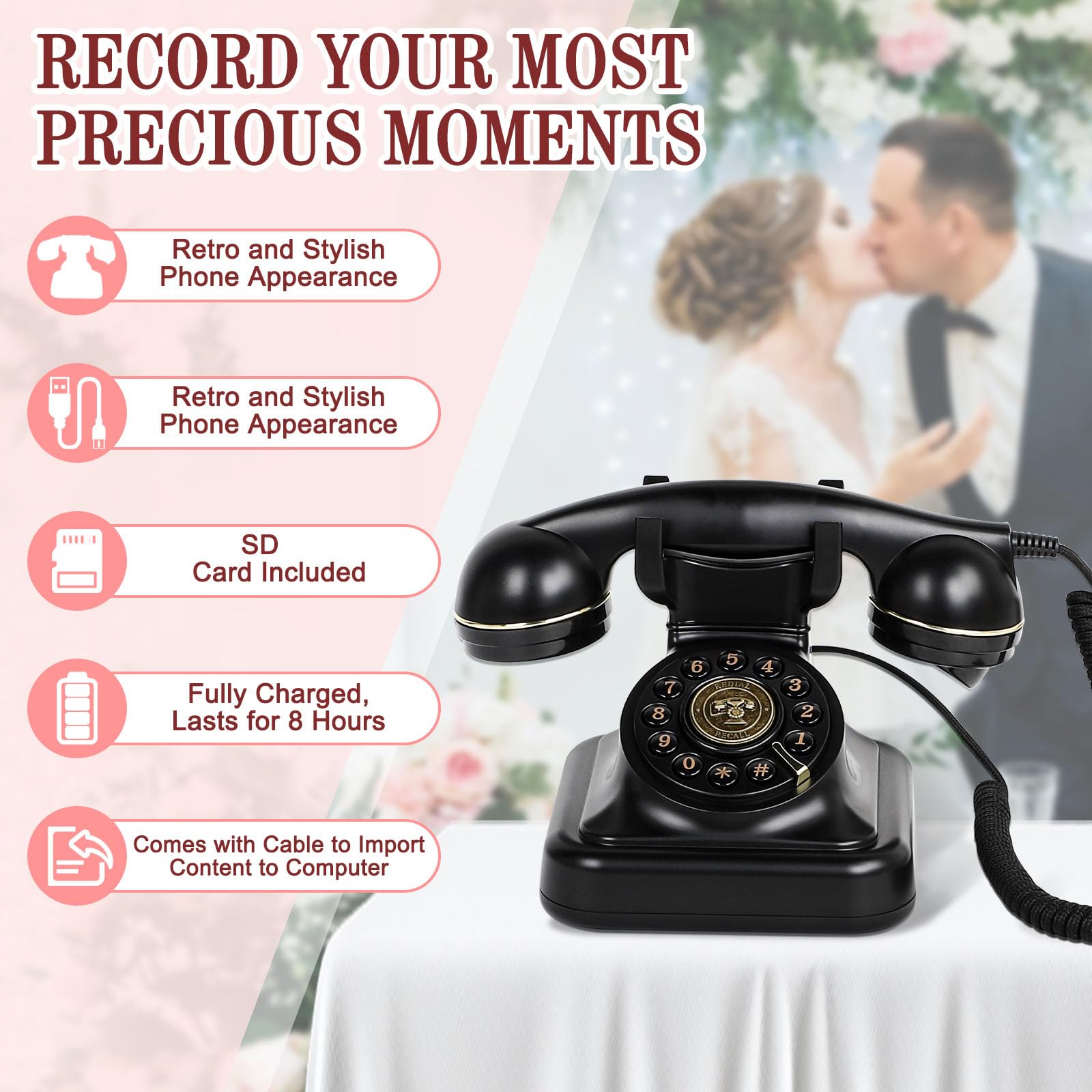 Libro de visitas de audio para teléfono de boda, libro de visitas, grabación de mensajes de audio personalizados, libro de visitas de estilo retro clásico para fiestas, cumpleaños, alquileres