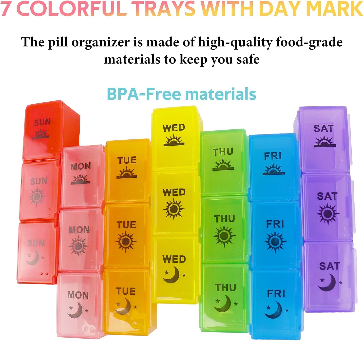 4PC Weekly Pill Organizer 3 Times a Day, 7-Day Moisture-Proof Pill Box with 21 Compartments, Portable Travel Container for Vitamins Fish Oil Compartments Supplements(Color)