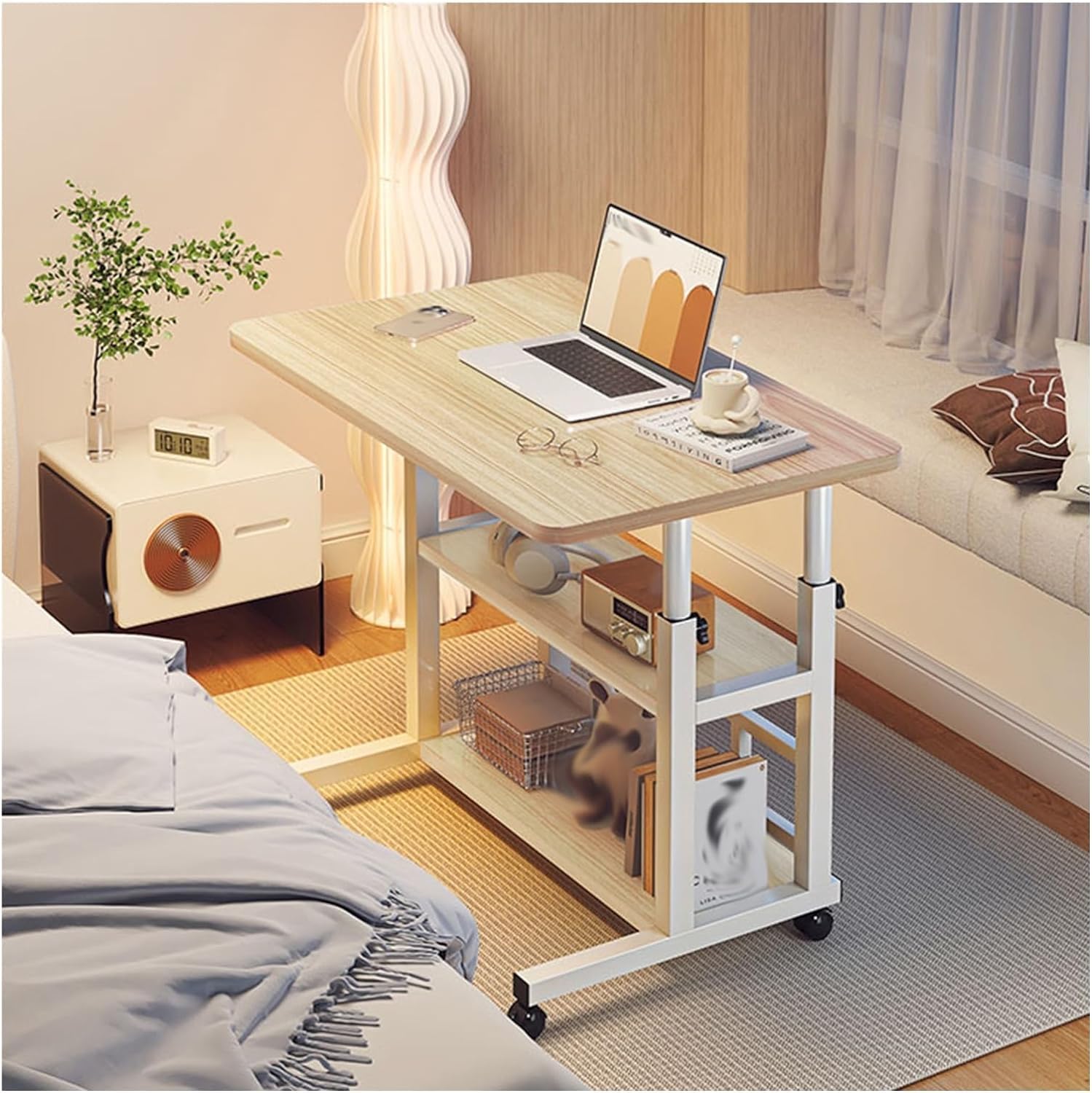 KAPEICamper Adjustable Height Standing Large Desk,Portable Laptop Computer Desk,Office Furniture Small Spaces Desk Sofa Bedside Desk Learn Play Game Desk,Wheels Movable Storage Desk (Oak)