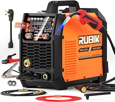 RUBIK Aluminum MIG Welder 250Amp, 5 in 1 MIG/Stick/Lift TIG Welder Gas Gasless Digital MIG Welder 110V/220V Dual Voltage LCD Display Welding Machine, Professionals Multi Process Welder