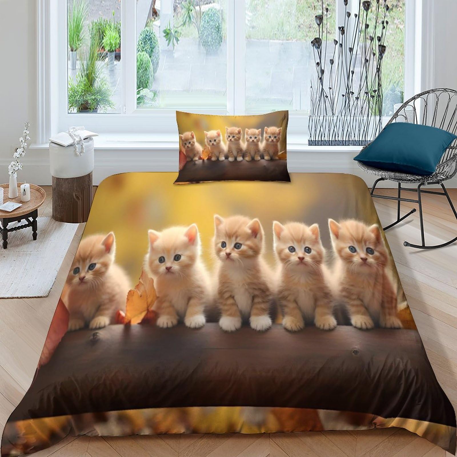 GEEYOU Kittens Duvet Cover Set Soft Microfiber Bedding Set Breathable Cute Cat Quilt Cover with Hidden Zipper Closure And Comforter Cover Sheet Pillowcase Single（135x200cm）