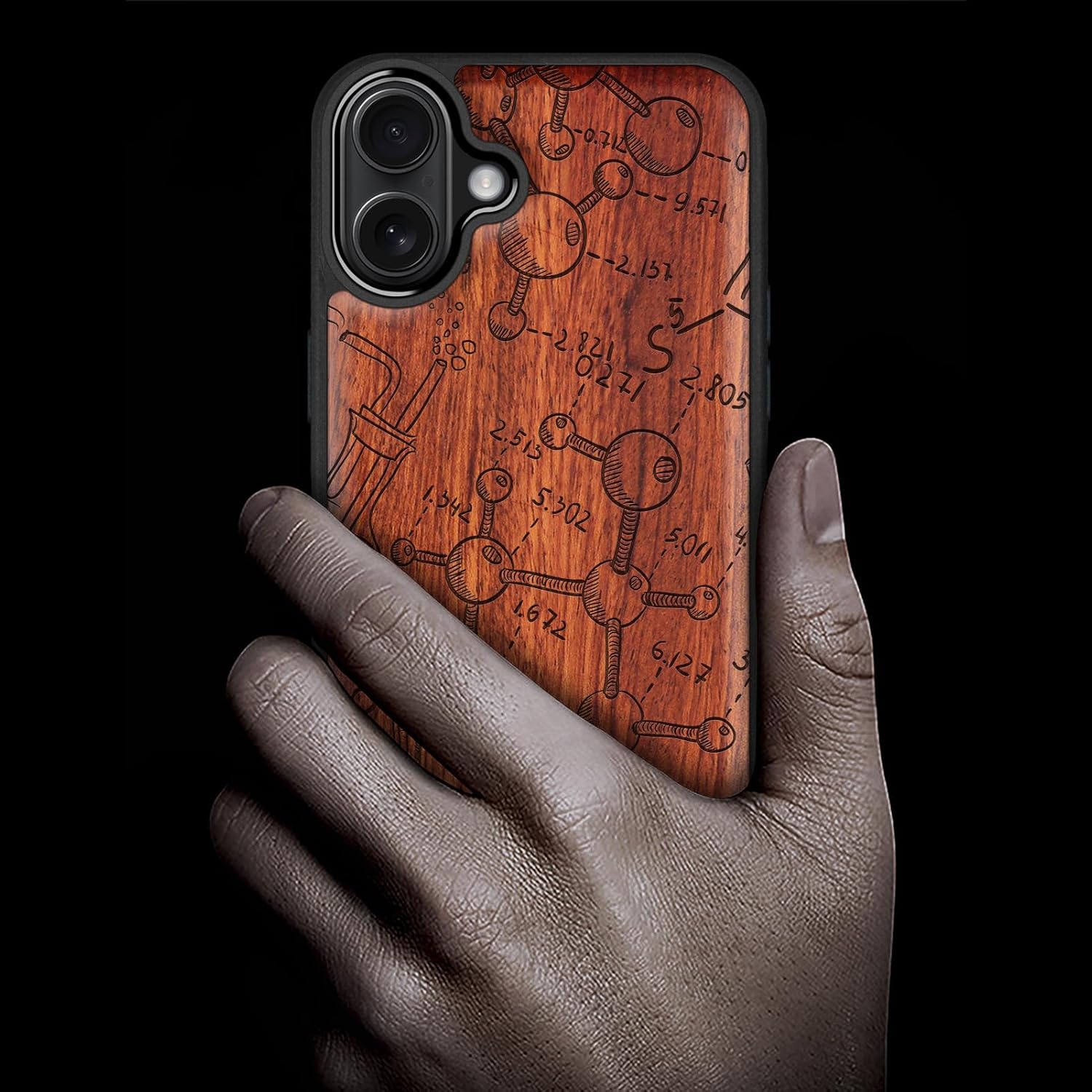 Carveit Magnetic Wooden Case for iPhone 16 Plus Case, Wood Artisan Engraved & Black Soft TPU Shockproof Cover, Compatible with MagSafe Wireless Chargers (Molecular Symphony) Rosy