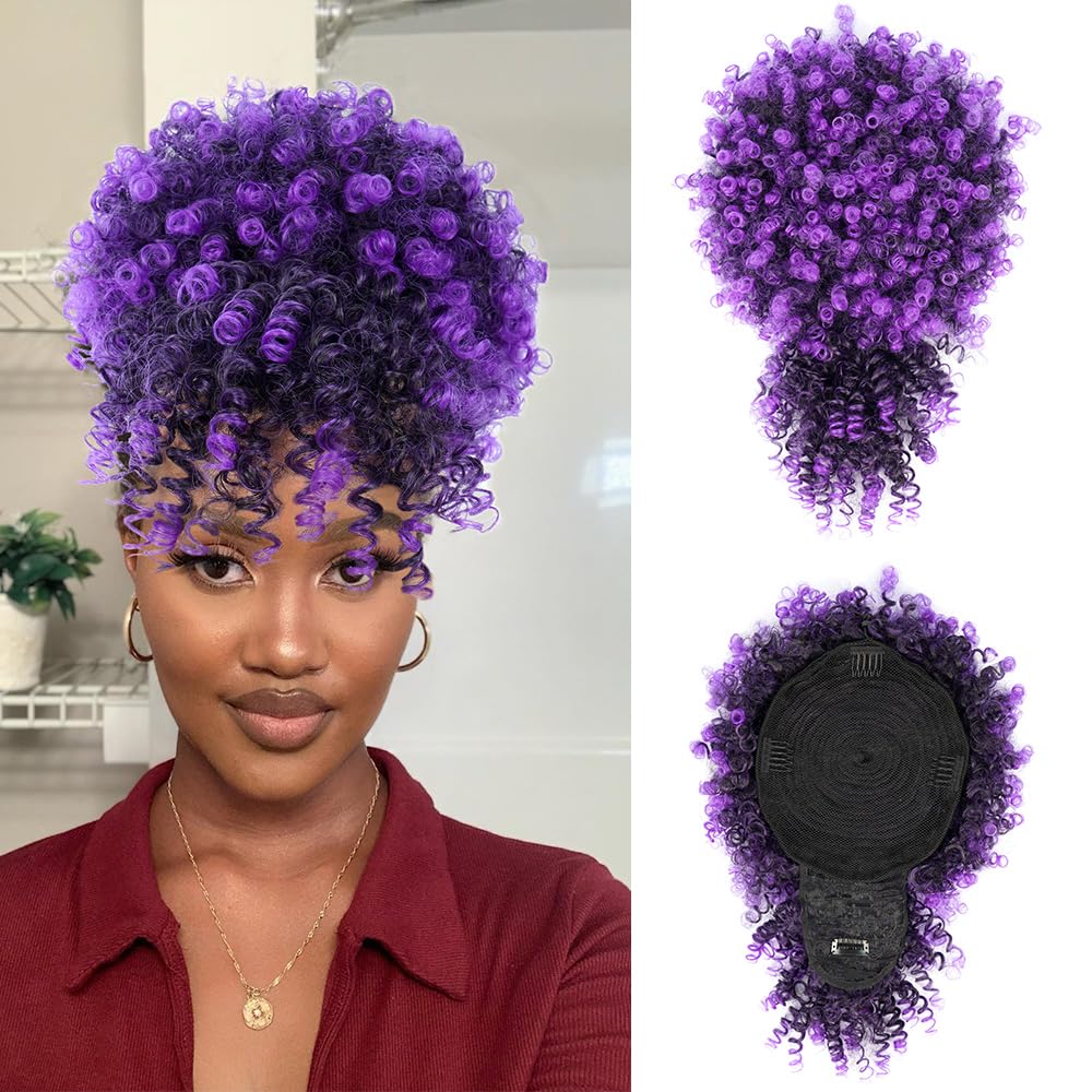 Afro Puff Drawstring Ponytail with Faux Bangs Blonde Ponytail Extension Short Curly Hair Extensions Updo Hairpieces Ponytail Extension wigs for Black Women (2/33)