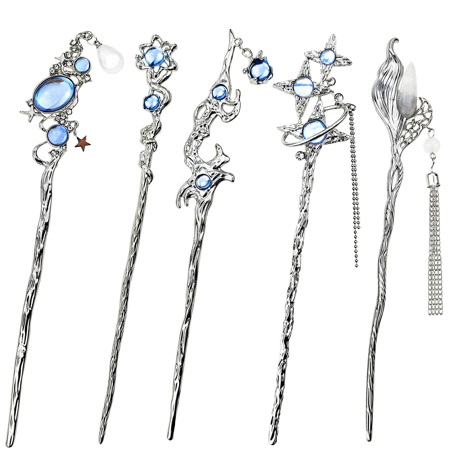 6PCS Star Moon Hair Sticks for Buns Long Hair Chinese Hanfu Asian Vintage Hair Chopsticks Metal Silver Hair Bun Updo Holders Long Hairpins for Women Girls