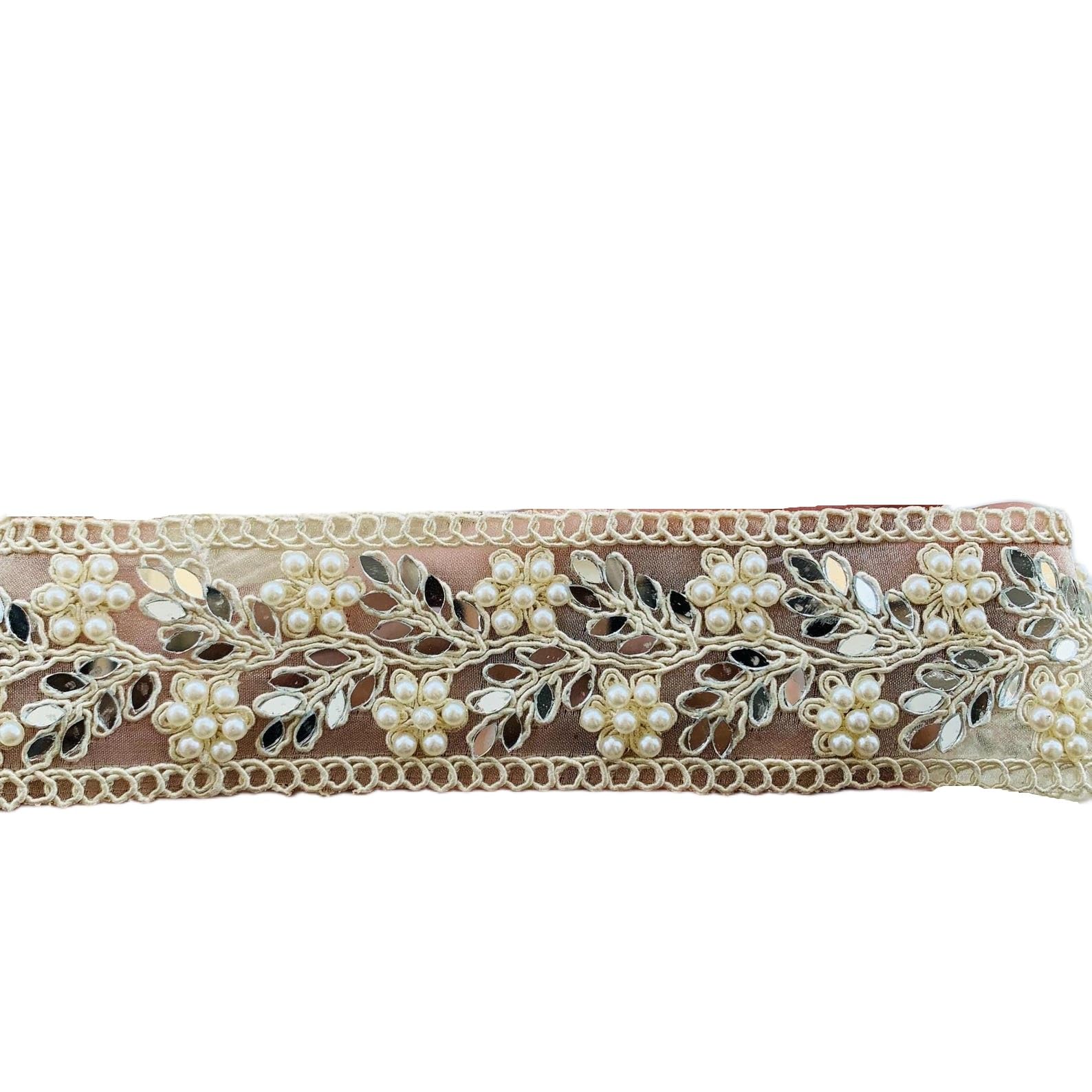 Dentelle avec perles et miroir dorée 3,8 cm galon métallique au mètre