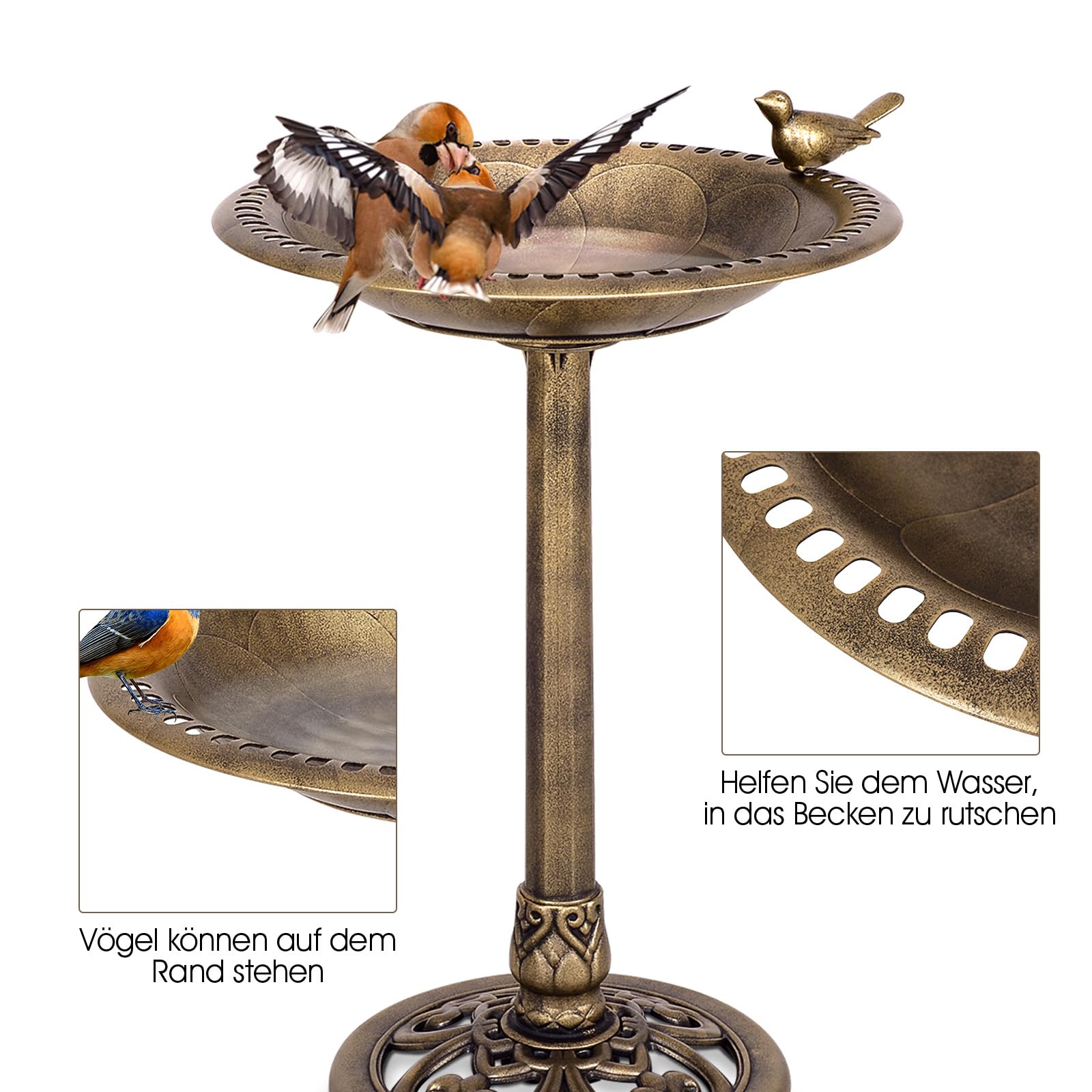 SOARS Magiatoia per Uccelli Ø51 x 72 cm di Altezza, Abbeveratoio per Uccelli Selvatici Decorazione da Esterno Stile Rustico Effetto Bronzo, Vasca per Uccello da Giardino e Balcone (Bronzo Giallo)