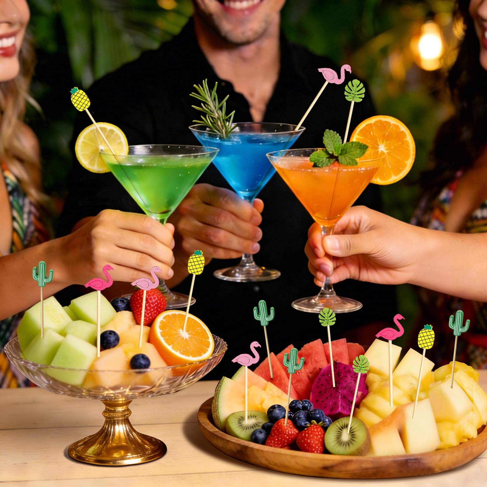 100 Palillos para Aperitivos Verano, Pinchos para Aperitivos Hawai, Palillos de Cóctel de Madera, Decoraciones Cócteles Graciosos, Decoración de Fiestas para Fruta, Postres, Tartas (Farbe-A)