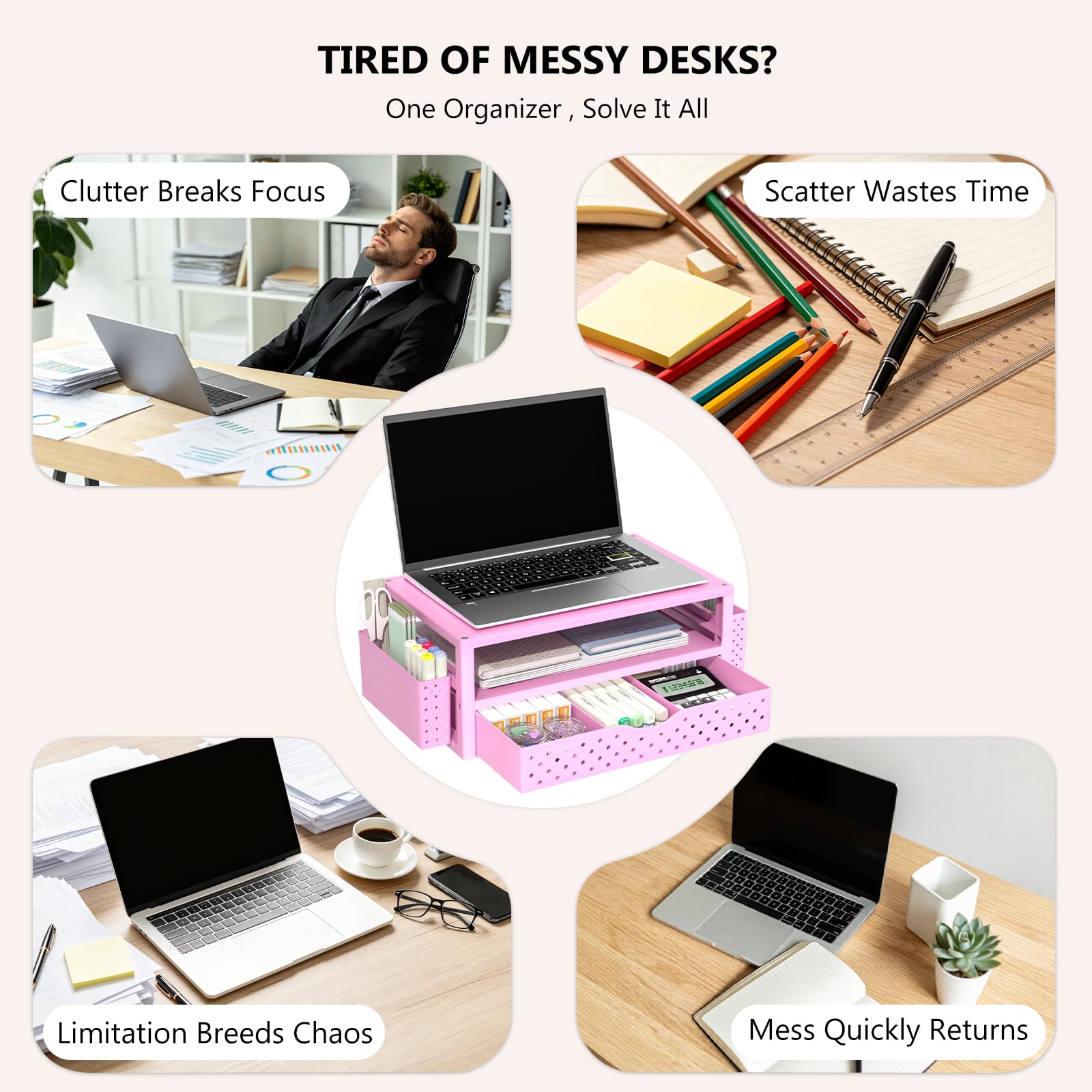 WALI Desk Organizer with Drawer and Pen Holder, 3 Tier Computer Monitor Stand for Home Office Supplies, Laptop Stand Riser for Computer, Laptop, Printer(PTT004-P), 1 Pack, Pink view 6