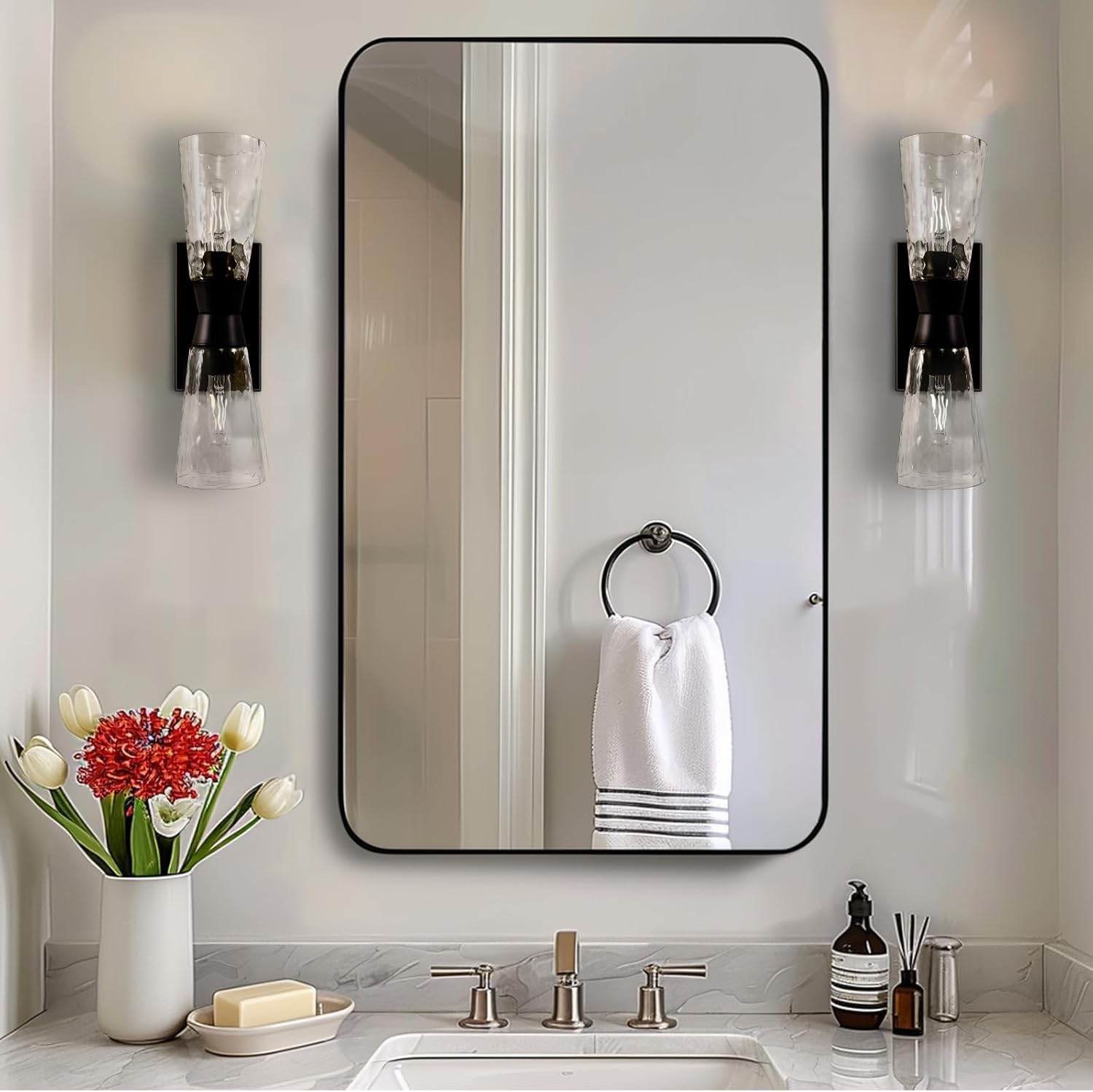 ANDY STAR Black Bathroom Mirror 24 x40 Rounded Corner Rectangle Mirror Modern Metal Frame Bathroom Vanity Mirror Matte