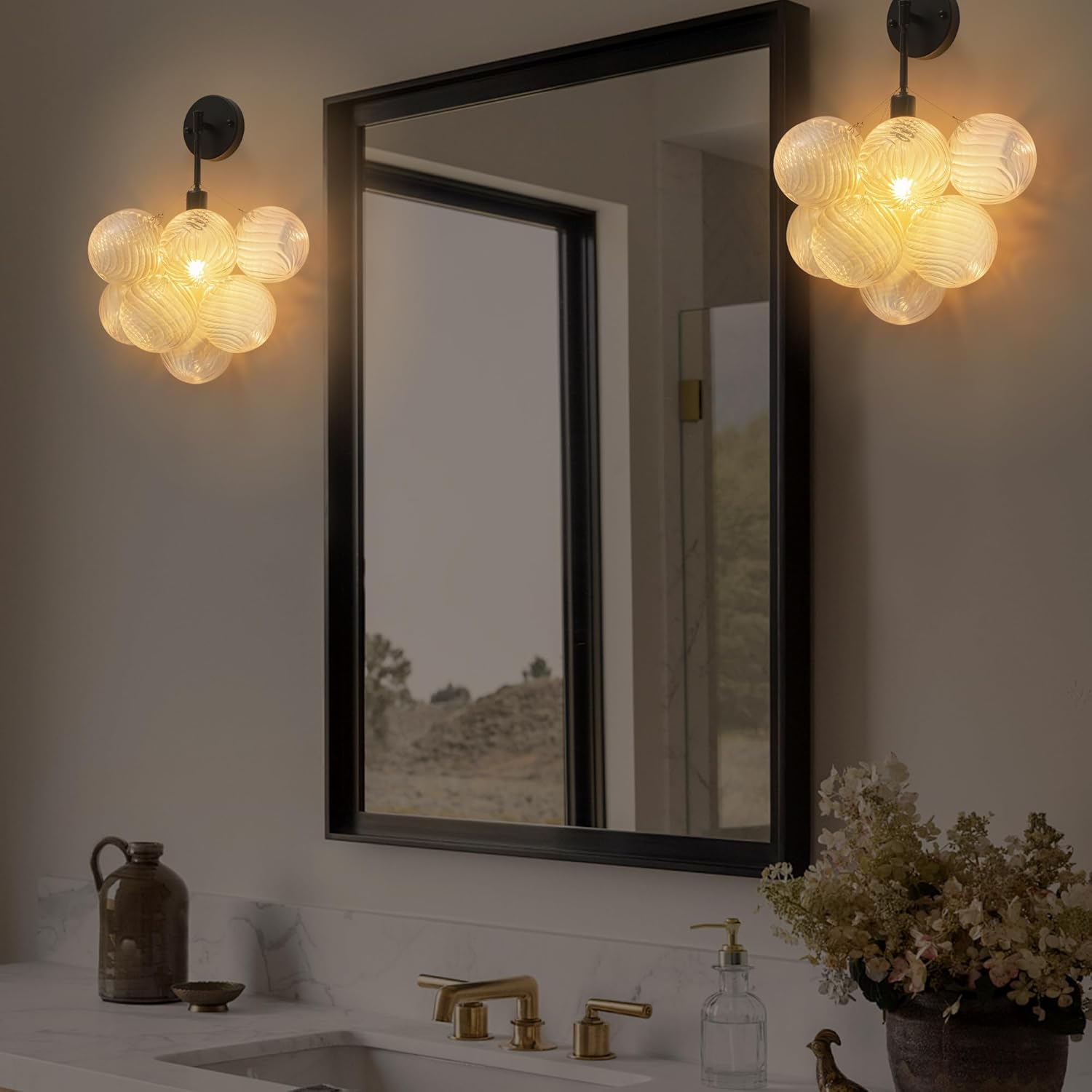 Black Bubble Lights Wall Sconces, Glass Globes Wall Lamps, Ribbed Glass Balls Wall Lights, Wall Mounted Light Fixture with Glass Lampshade for Reading Bedroom Bedside Stairway Hallway 15" Dia