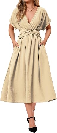 Womens Summer Casual Short Sleeve Wrap Elastic Wasit Deep V Neck A-Line Runched Loose Midi Dress 2026
