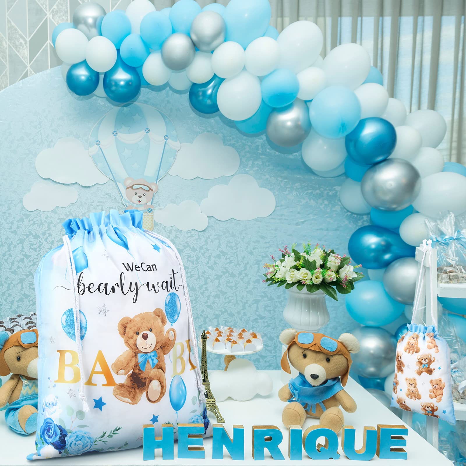 Chapou 4 szt. Niedźwiedź Baby Shower Torby na prezenty z tkaniny wielokrotnego użytku Torby na prezenty 'We Can Bearly Wait' torby na prezenty 50 cm duże 30 cm średnie torby na prezenty do pakowania