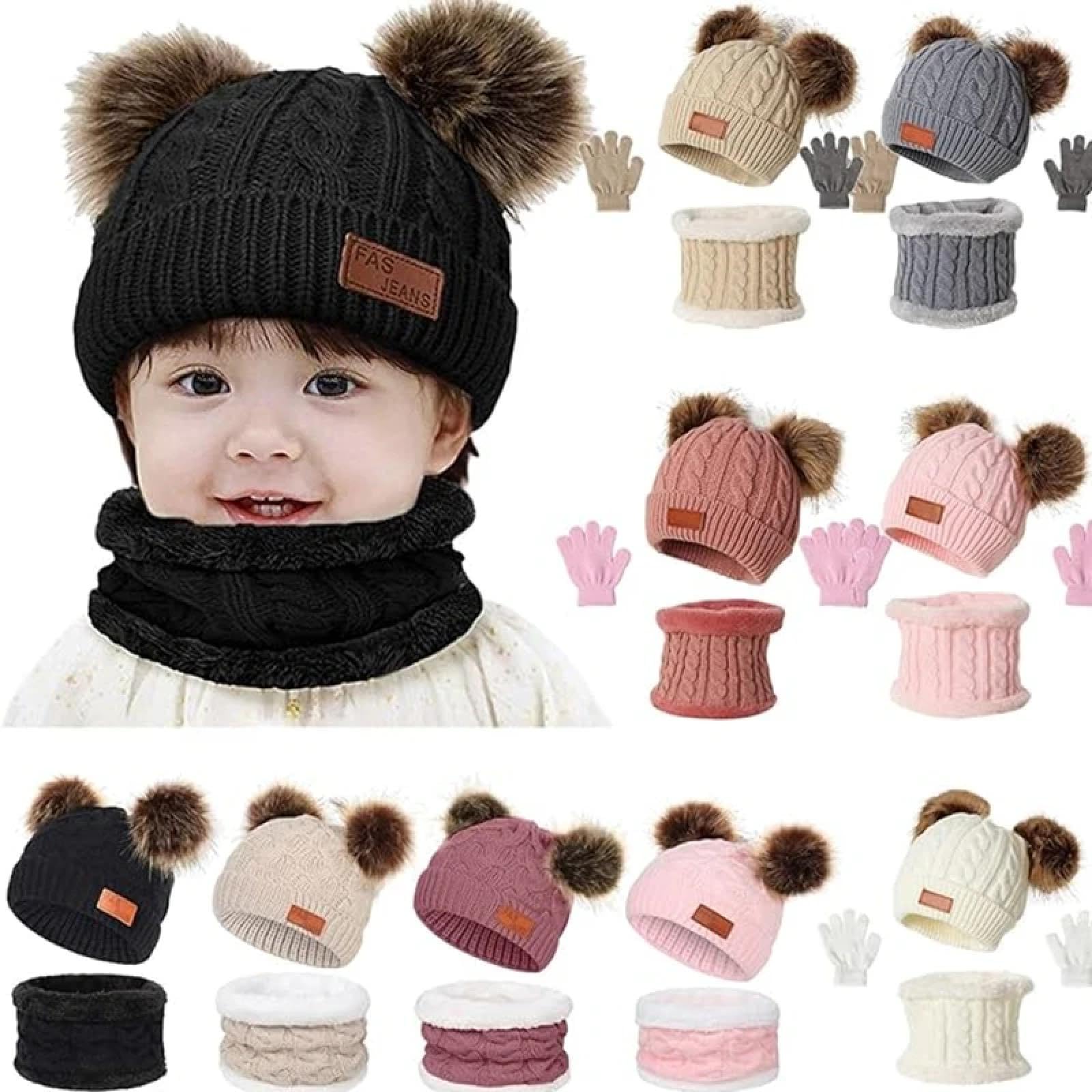 Strickmützen Hüte Mützen Caps Beanie Mütze Beanie Kinder Winter Beanie Mütze Schal Handschuhe Warmer Anzug Für Kinder 1-10 Jahre Alt Mädchen Jungen Warme Doppel Pompoms Strickmütze