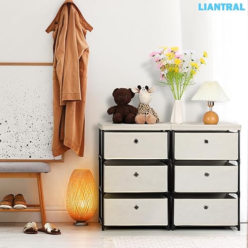 Miniatura 8 de LIANTRAL Cómoda ligera para mesitas de noche, 3 cajones, cómoda de tela beige con estante beige, unidad organizadora de cofres de torre de