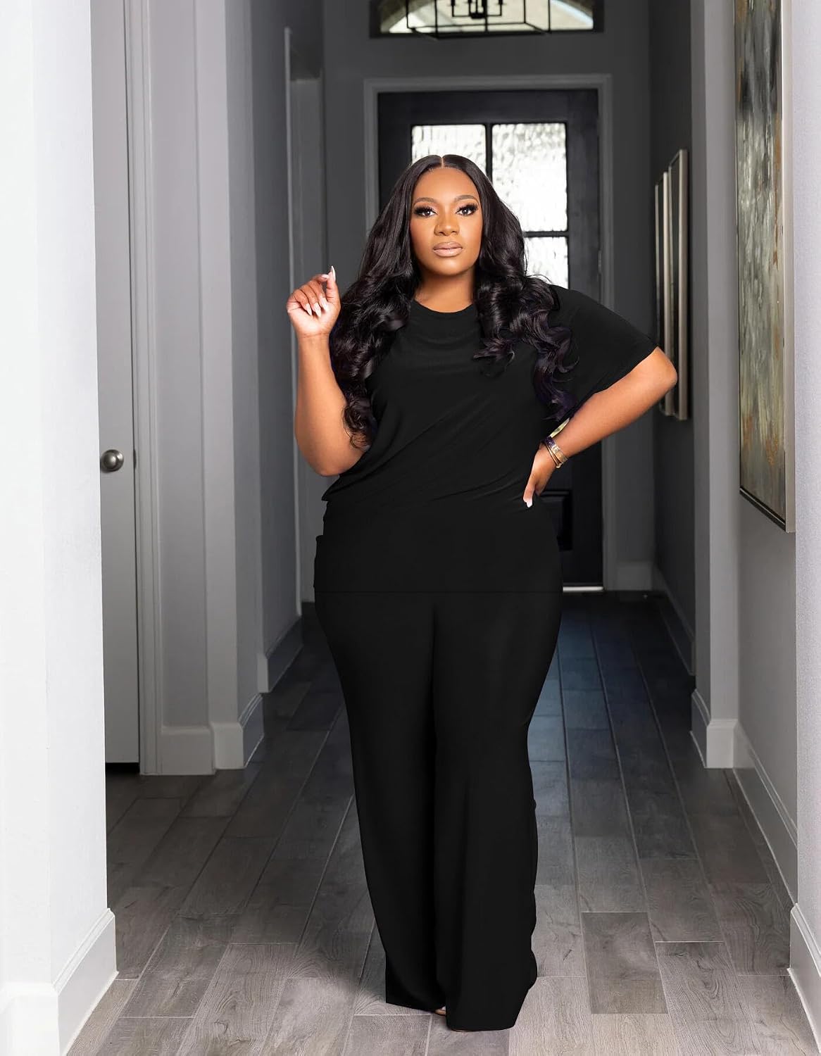 Tycorwd Women's Plus Size Two Piece Outfits Sweatsuits Sets Casual Short Sleeve Tops Loose Wide Leg Pants Tracksuit Sets
