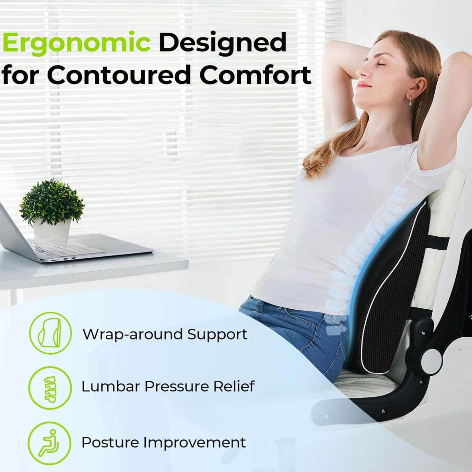 Cojin Lumbar Silla Oficina Almohada Lumbar Ergonómica Espuma con Memoria cojin Lumbar Coche en Espuma Viscoelástica de Alta Densidad con Dobles Correas Ajustables y Funda Extraíble