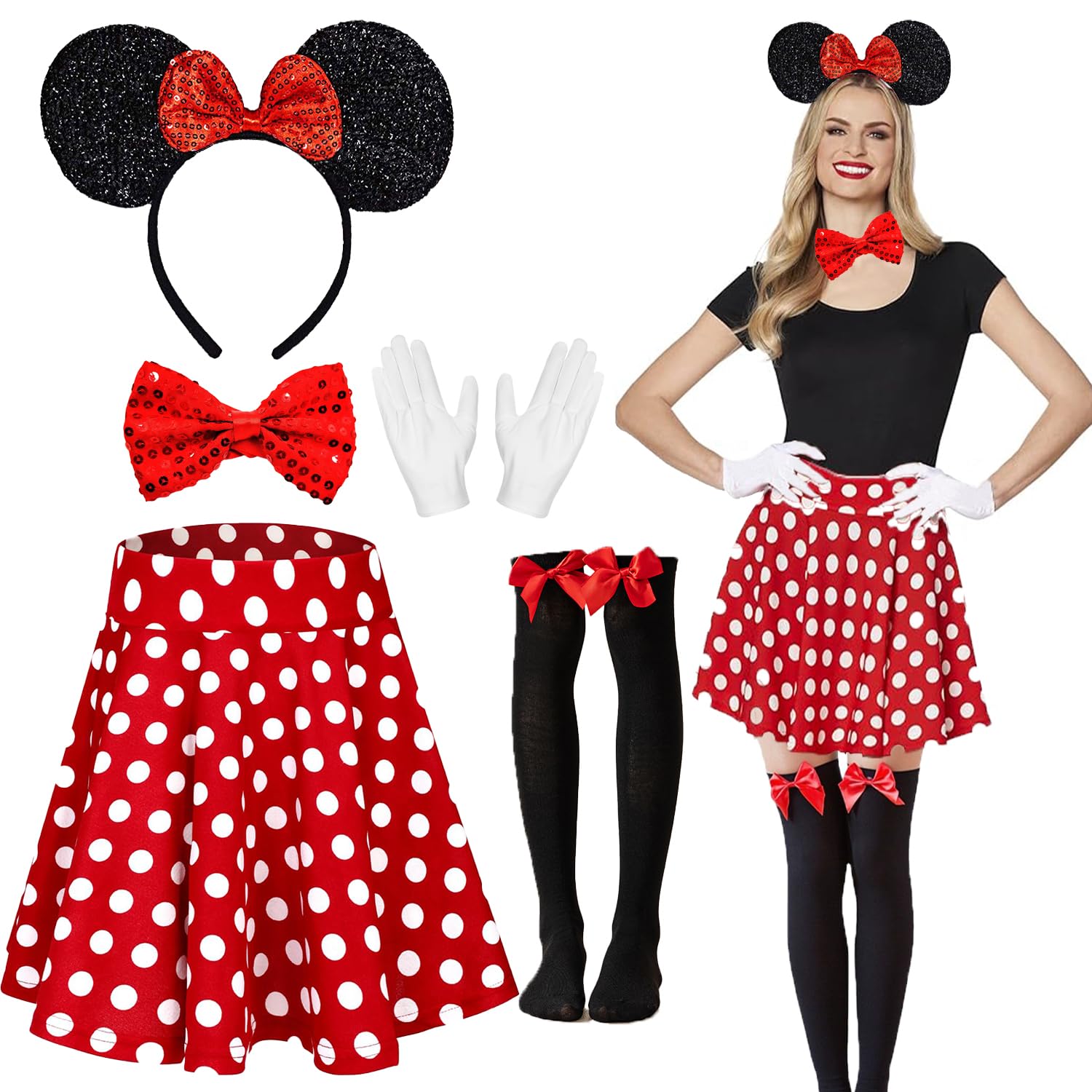 Disfraz de Mouse Mujer,Tutú Rojo con Lunares Blancos,Diadema con Orejas de Ratón,Medias con Lazos,Guantes Blancos,Disfraz de Mouse para Niña,para Fiesta de Carnaval Cosplay Fiesta de Disfraces (L)