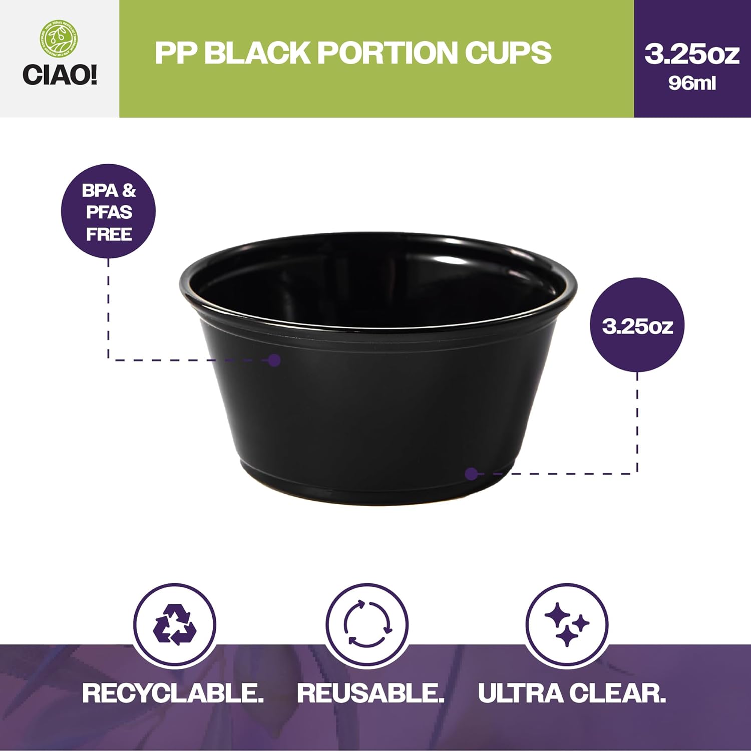CIAO! Disposable Portion Cups, 3.25 oz Black Plastic, Commercial Pack of 2500, Lids are sold Separately
