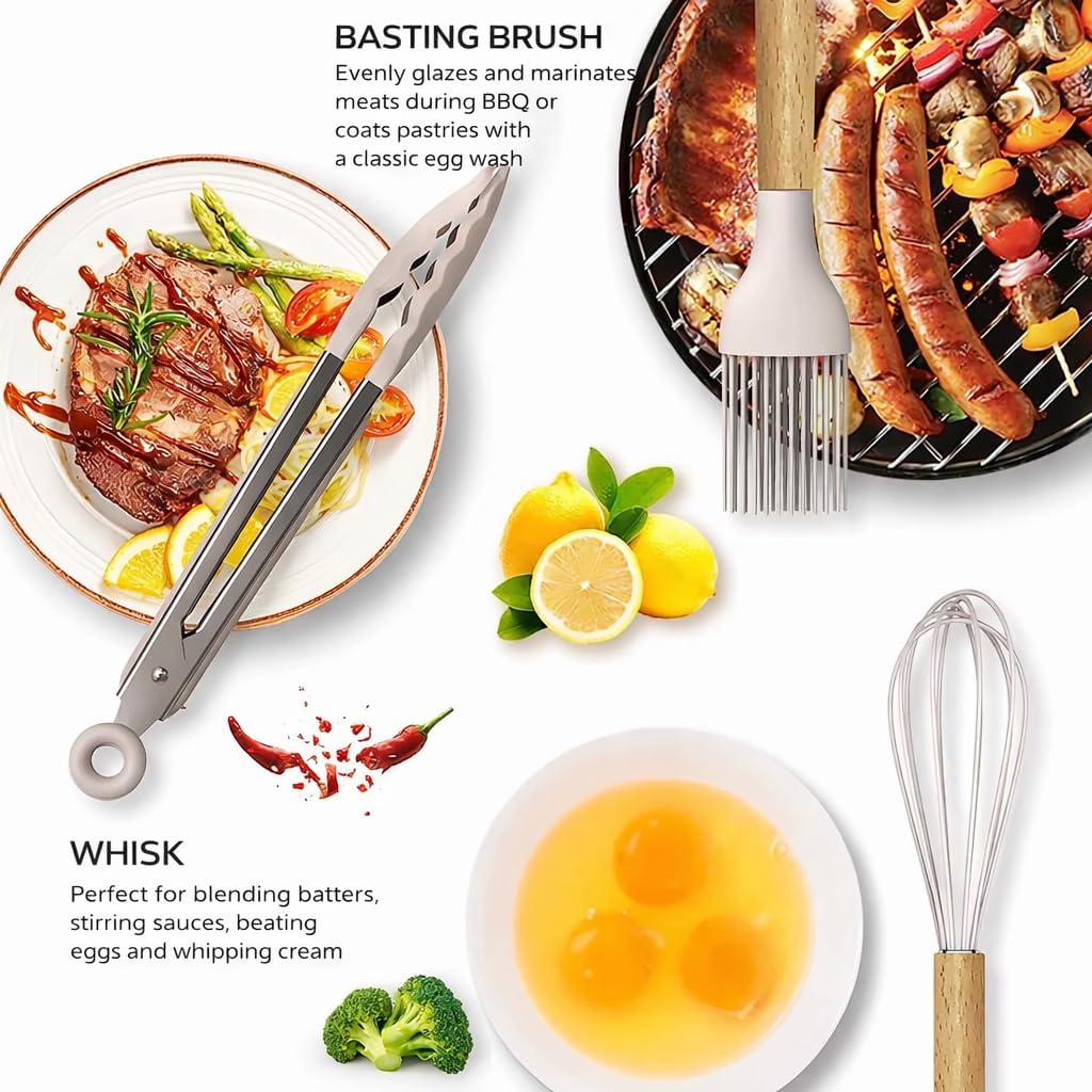 Silicone Cooking Utensils Set with Holder, 12-Piece Kitchen Utensils Set, Heat Resistant BPA-Free Silicone with Wooden Handles for Nonstick Cookware, Dishwaer safe.