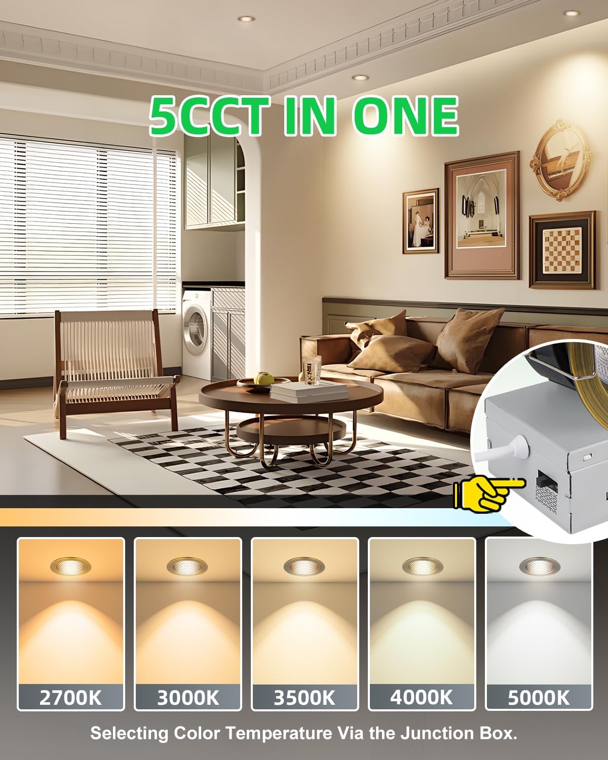 zouzai 3 Inch Anti-Glare LED Recessed Downlight with Junction Box, 5CCT Selectable 2700K/3000K/3500K/4000K/5000K, Dimmable, IP65 Waterproof for Shower, 12W COB, CRI90+, (Bronze, 3 inch 【1 Pack】)