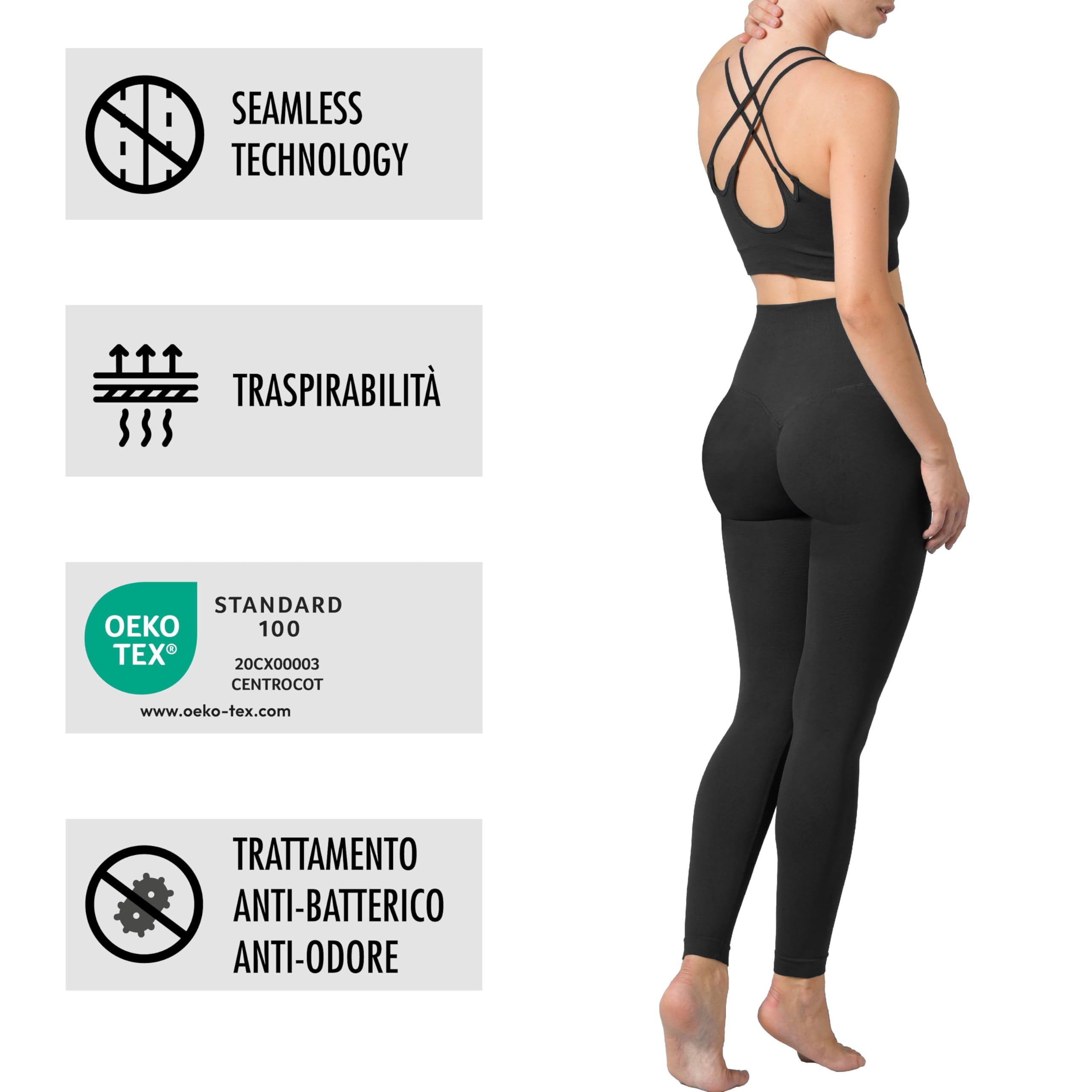 Risalti Damskie legginsy push-up Sculpt - damskie legginsy sportowe, bezszwowe legginsy damskie z wysokim stanem, letnie spodnie do jogi i fitnessu, 100% wyprodukowane we Włoszech, Czarny zestaw, L-XL