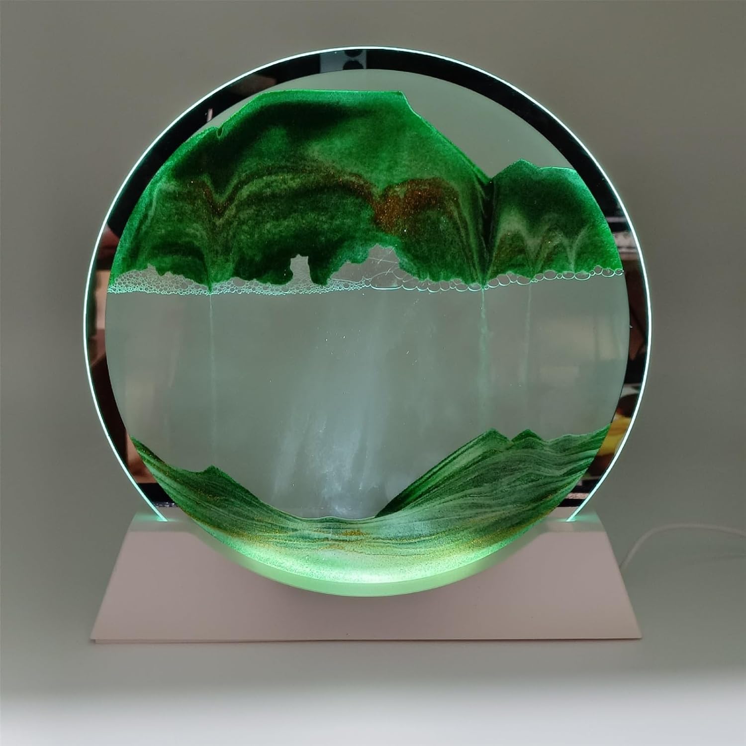 Moving Sand Art Picture 3D Liquid Motion, Round Glass Night Light, Luminous Quicksand Painting Ornaments for Adult Stress Relief and Office Decor(Blue,17.5CM)