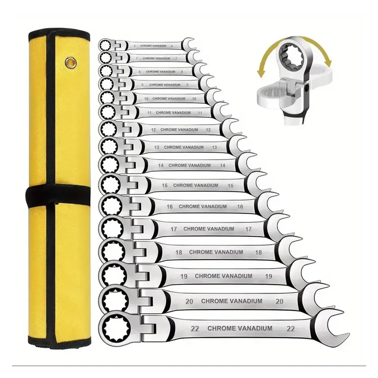 Bcxzppqdl 8 Pcs Ratcheting Combination Wrench Set, 6-22Mm Metric Flex Head Ratcheting Wrench, Chrome Vanadium Steel Spanner With Bag(8 Pcs)