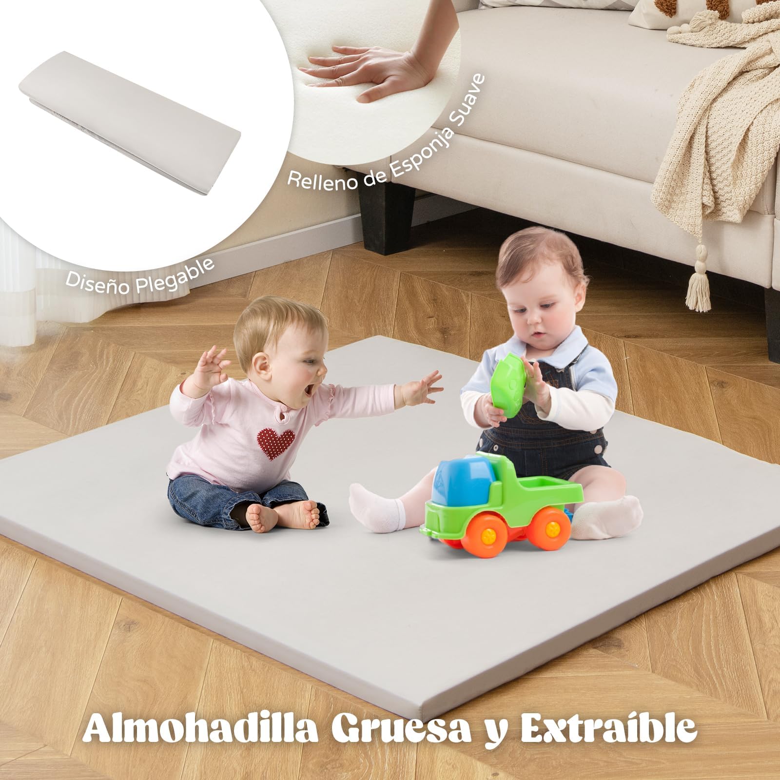 RELAX4LIFE 6 en 1 Tienda de Campaña Infantil con Estructura Madera, Mesa de Doble Cara, Silla, Pizarra, Alfombra y 6 Cajas, Parque Infantil Bebe con 2 Puertas y Ventana, Casita Infantil