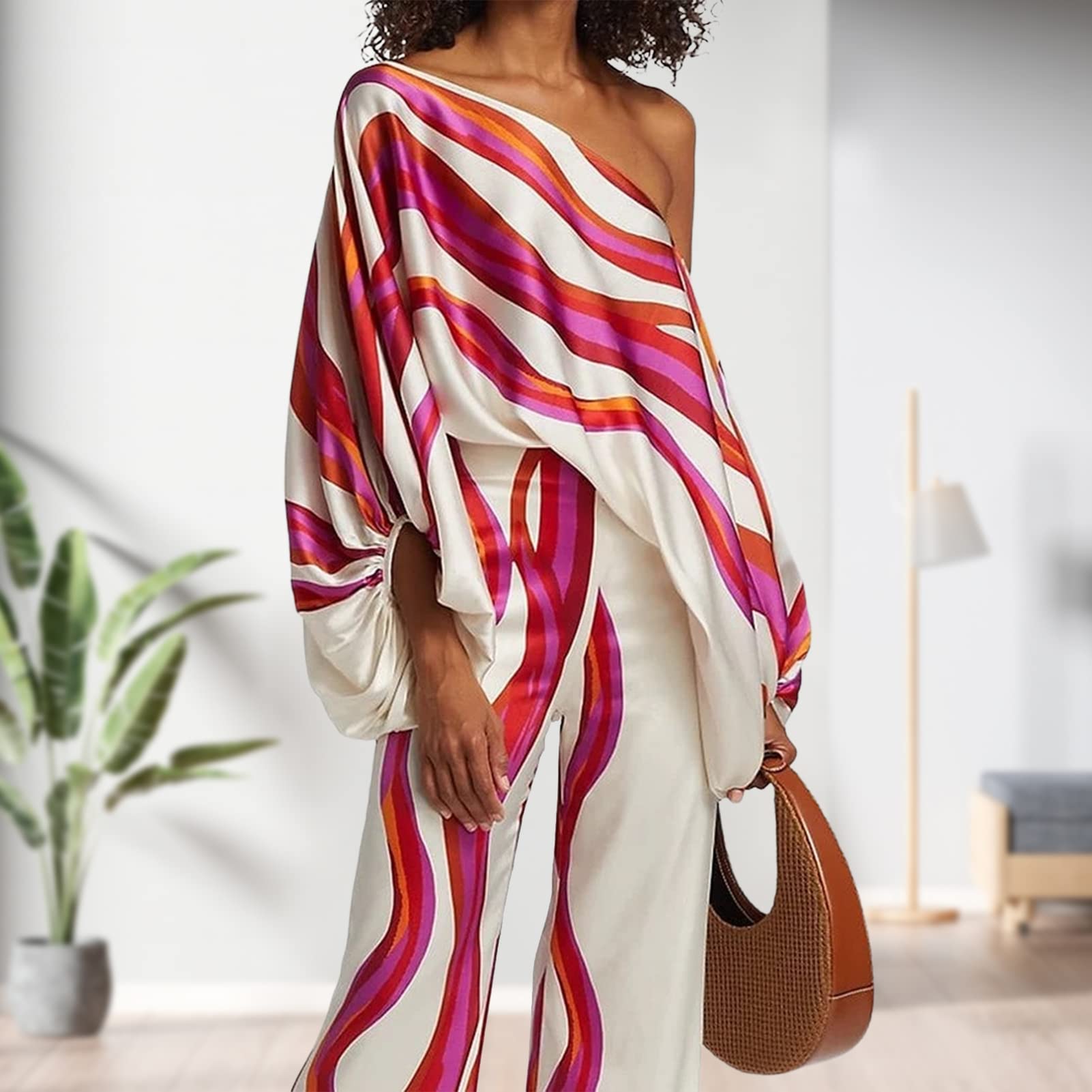 Conjunto casual de dos piezas para mujer, con hombros descubiertos, manga larga, pantalones de pierna ancha, para invitados de boda, salir