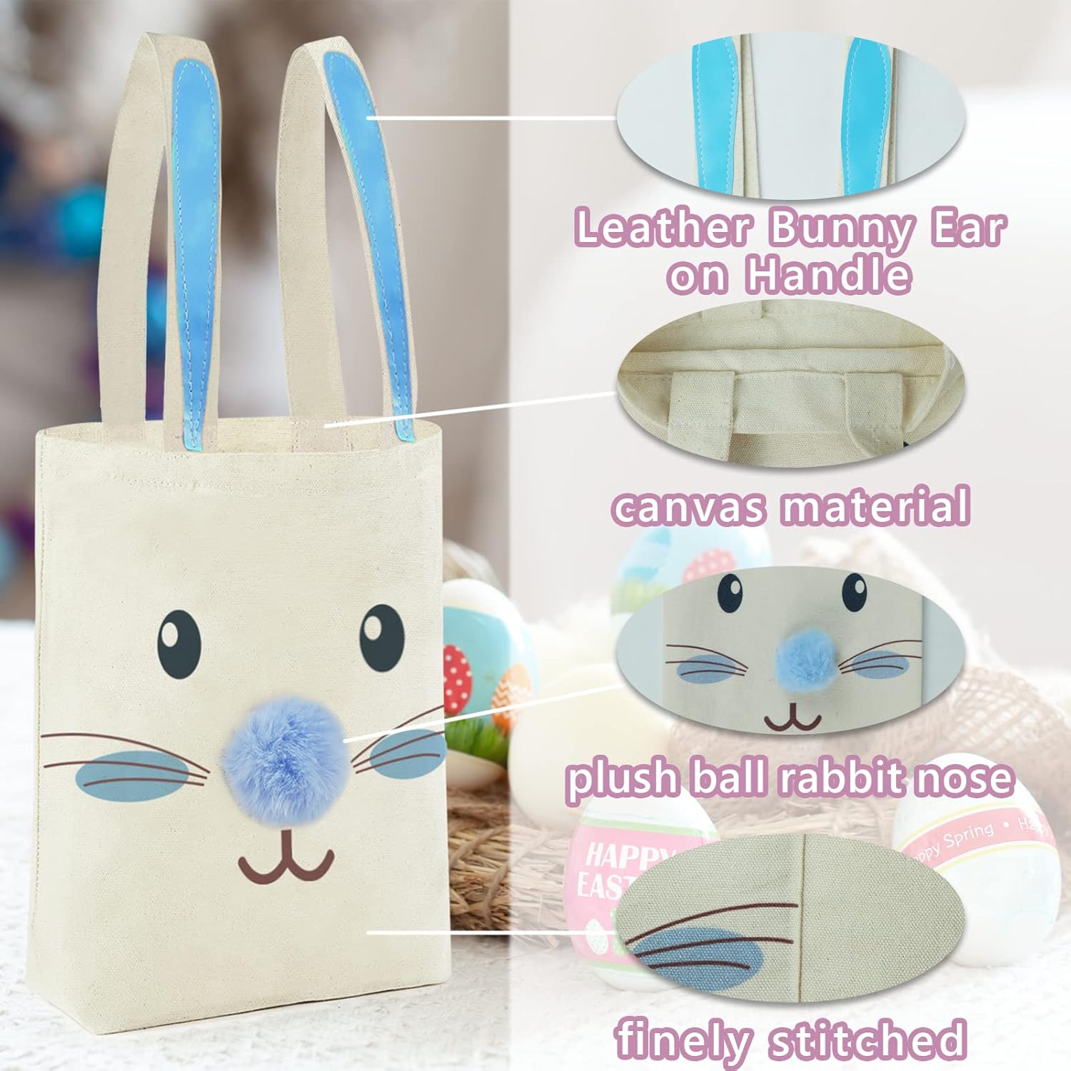 ATFUNSHOP Easter Canvas Tote Bag for Kids Reusable Easter Bunny Bags Baskets for Easter Egg Hunt - Image 6