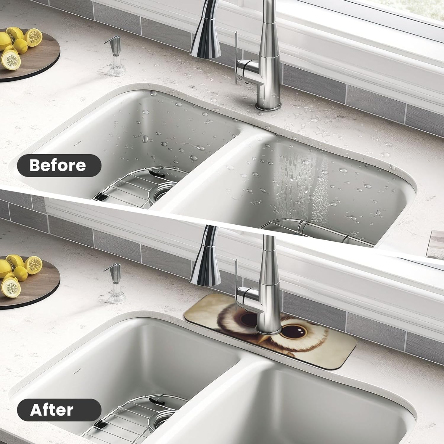 Splash Guard Mat For Kitchen Sink , Super Absorbent Fast Drying Faucet Mat Cute Owl Draining Mats Sink Gadgets Behind Faucet Sinkmat For Kitchen Bathroom 15"X5.5" image 4