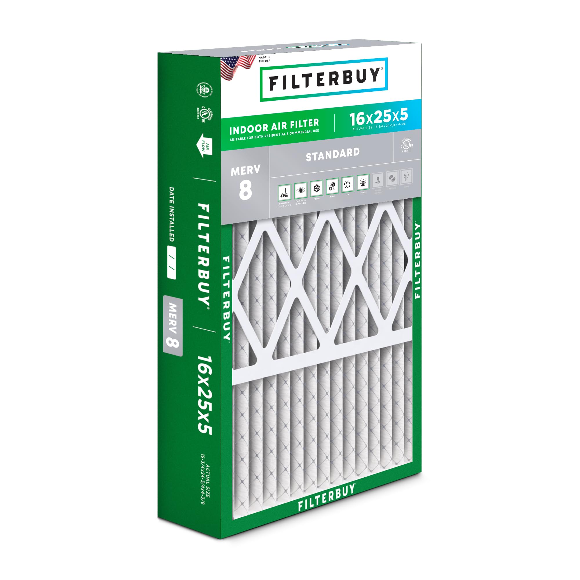 Filterbuy 16x25x5 Air Filter MERV 8 Dust Defense (1-Pack), Pleated HVAC AC Furnace Air Filters for Honeywell FC100A1029, Lennox X6670, Carrier, & More (Actual Size: 15.75 x 24.75 x 4.38 Inches)